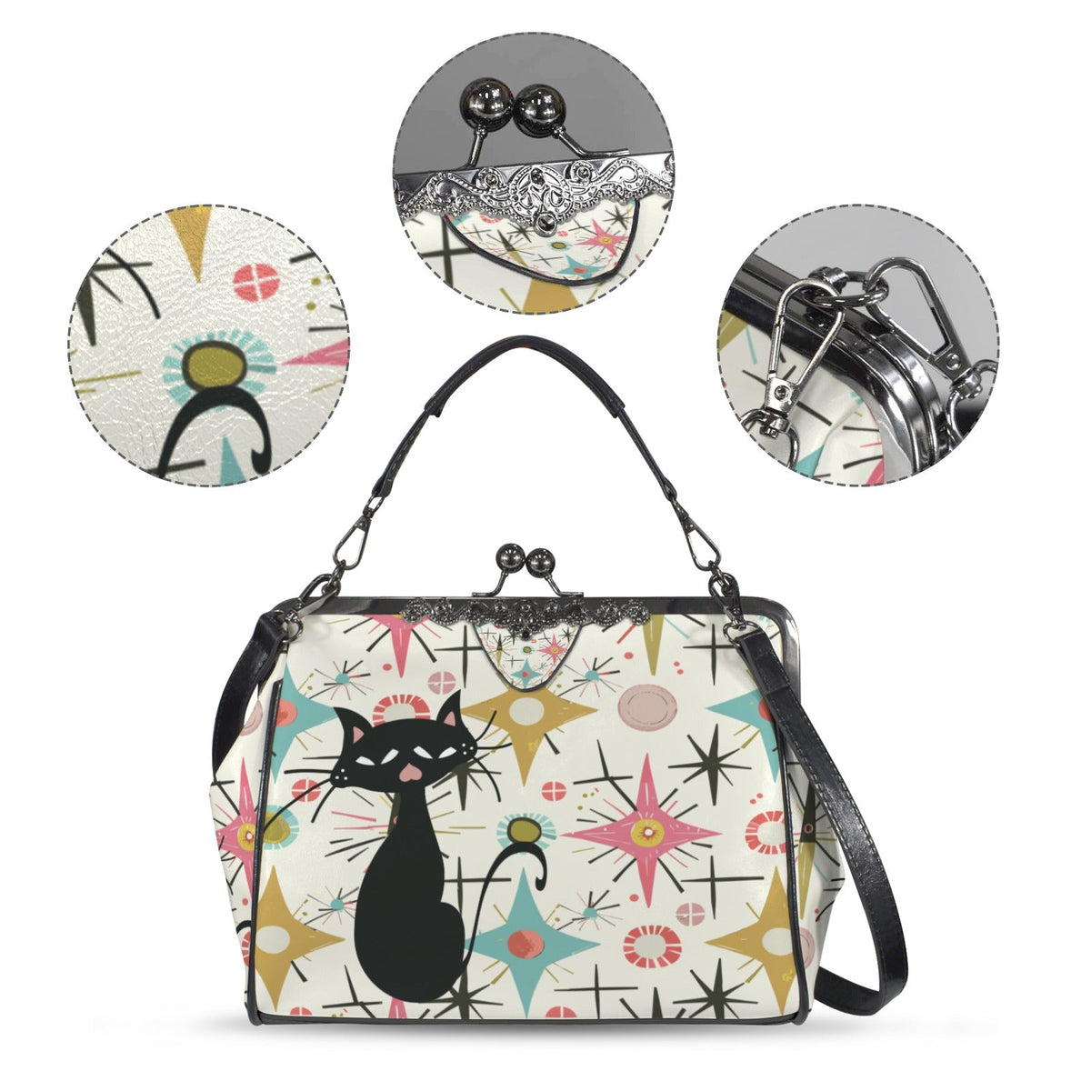 Kate McEnroe New York Kitschy Atomic Cat Kiss Lock Handbag, Retro MCM Crossbody PurseCrossbody BagsD3323102