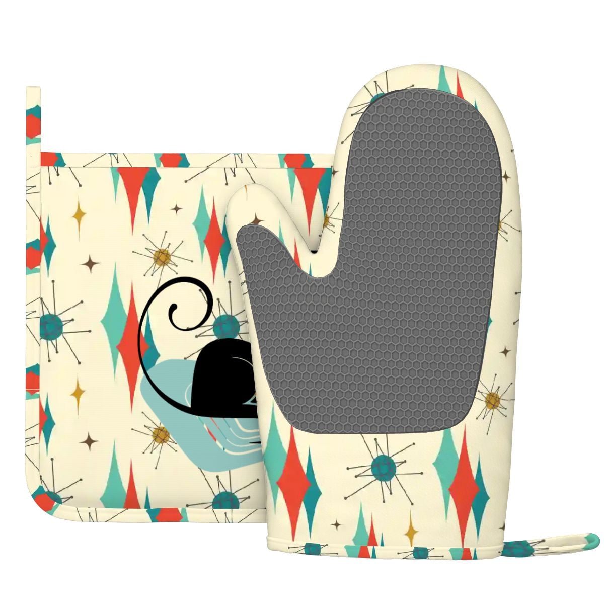 Kate McEnroe New York Kitschy Atomic Cat Left Hand Oven Mitt Set, MCM Kitchen DecorOven Mitts &amp; Pot Holder SetrBtG5TvuxO