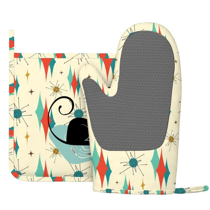 Kate McEnroe New York Kitschy Atomic Cat Left Hand Oven Mitt Set, MCM Kitchen DecorOven Mitts &amp; Pot Holder SetrBtG5TvuxO