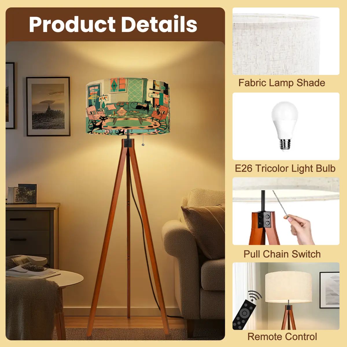 Kate McEnroe New York Kitschy Atomic Cat Lounge Scene Tripod Lamp, Mid Century Modern Floor LightFloor LampsL9oZb4O6V8