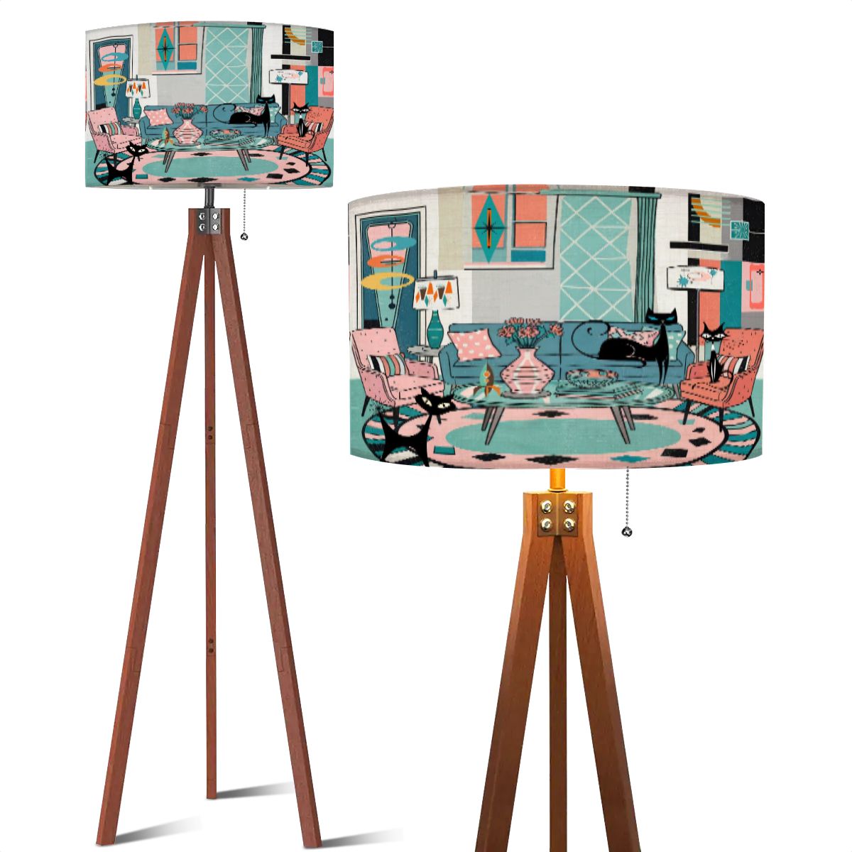 Kate McEnroe New York Kitschy Atomic Cat Lounge Scene Tripod Lamp, Mid Century Modern Floor LightFloor LampsL9oZb4O6V8