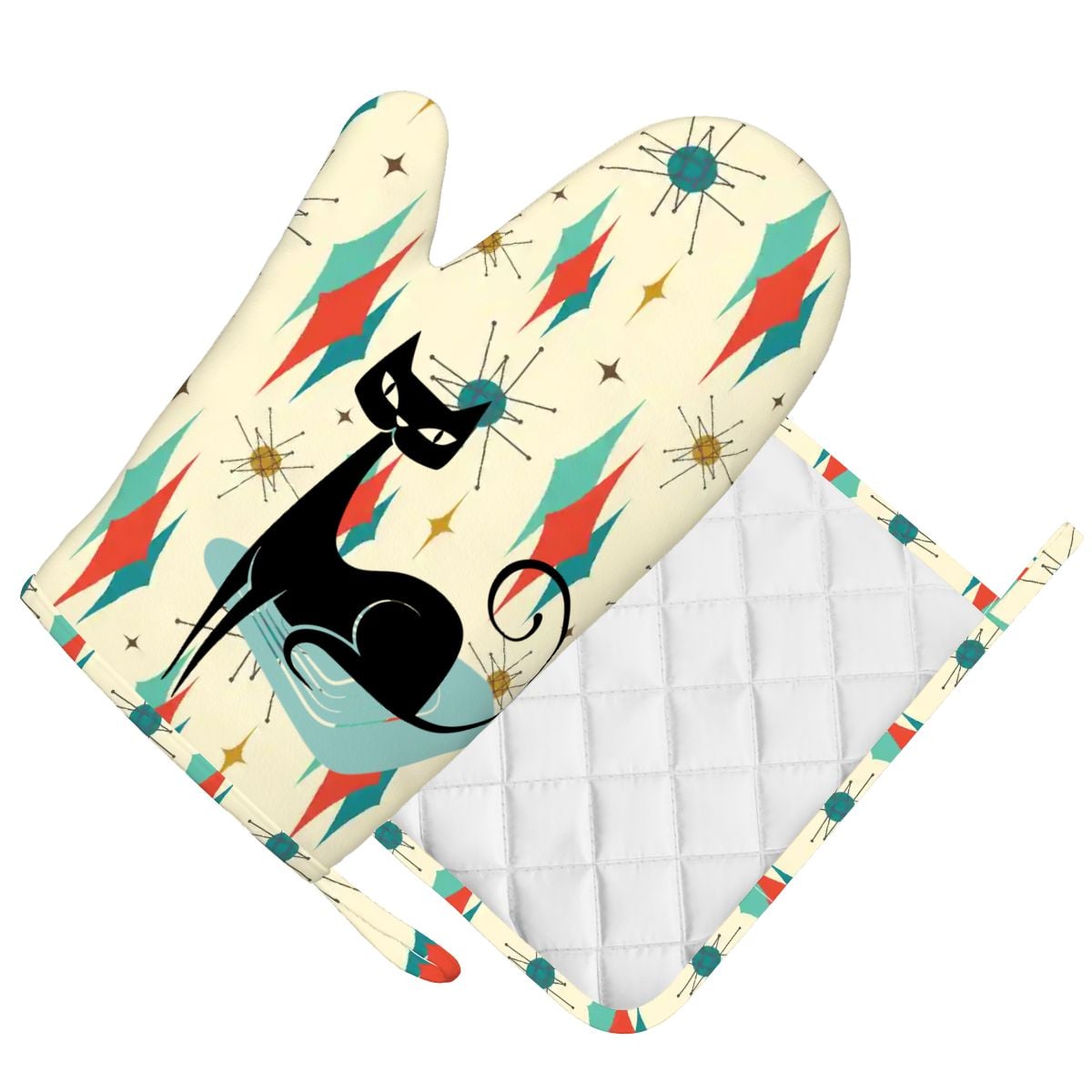 Kate McEnroe New York Kitschy Atomic Cat Right Hand Oven Mitt Set, MCM Kitchen DecorOven Mitts &amp; Pot Holder SetJk1tSBtUPI