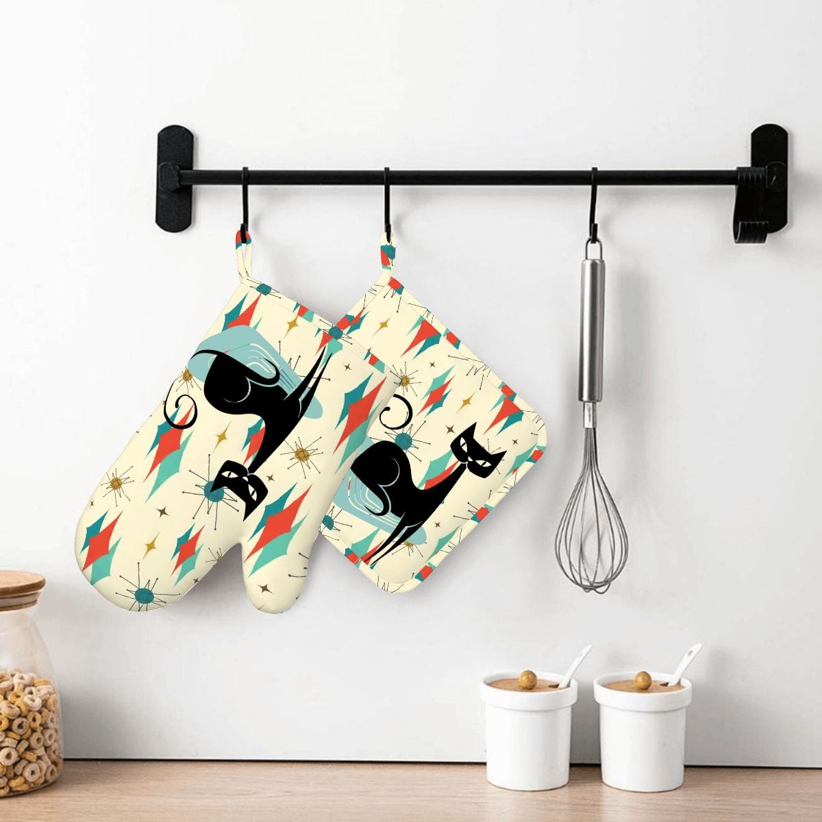 Kate McEnroe New York Kitschy Atomic Cat Right Hand Oven Mitt Set, MCM Kitchen DecorOven Mitts &amp; Pot Holder SetJk1tSBtUPI