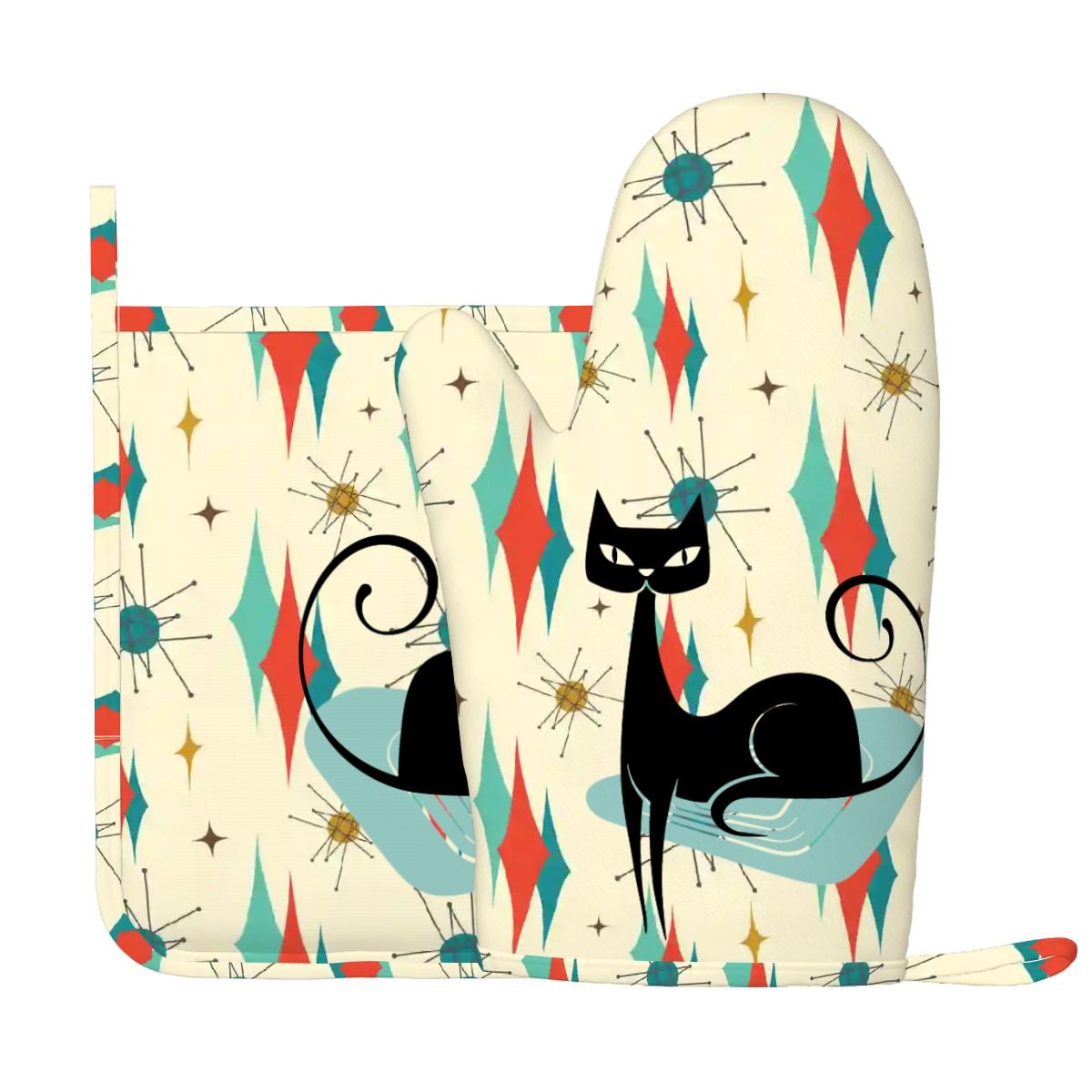 Kate McEnroe New York Kitschy Atomic Cat Right Hand Oven Mitt Set, MCM Kitchen DecorOven Mitts &amp; Pot Holder SetJk1tSBtUPI