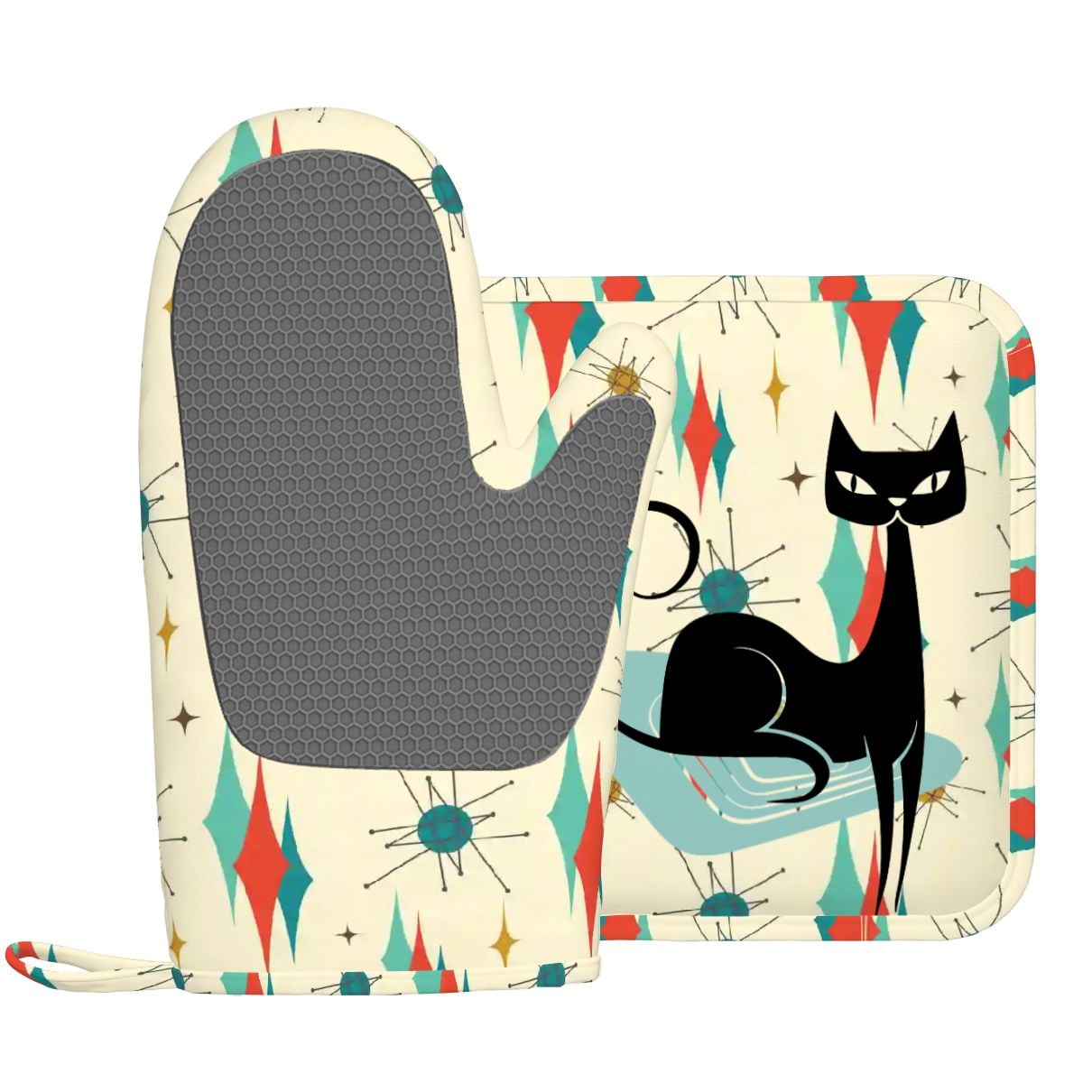 Kate McEnroe New York Kitschy Atomic Cat Right Hand Oven Mitt Set, MCM Kitchen DecorOven Mitts &amp; Pot Holder SetJk1tSBtUPI