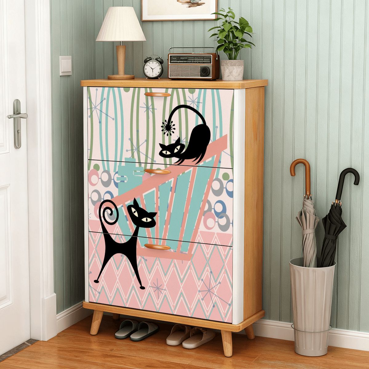 Kate McEnroe New York Kitschy Atomic Cat Shoe Cabinet, Mid Century Modern Retro Organizer, Pink Teal Black MCM StorageShoe StoragejfQTLH0mmc