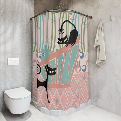 Kate McEnroe New York Kitschy Atomic Cat Shower Curtain, Retro 1950s MCM Bath DecorShower Curtains26175674228548713750