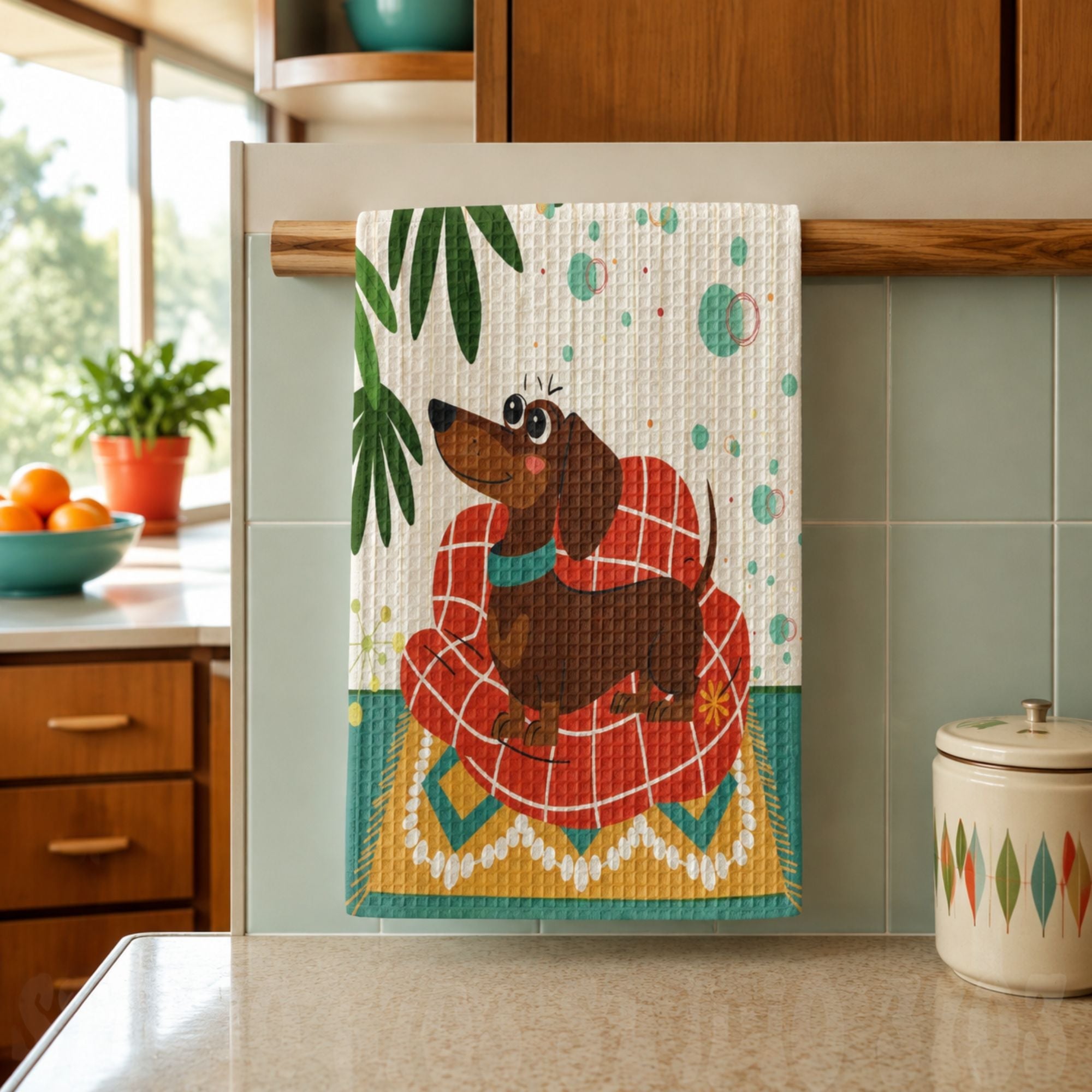 Kate McEnroe New York Kitschy Doxie Dachshund Retro 50s Waffle Weave Kitchen TowelKitchen Towels33220508670600546638