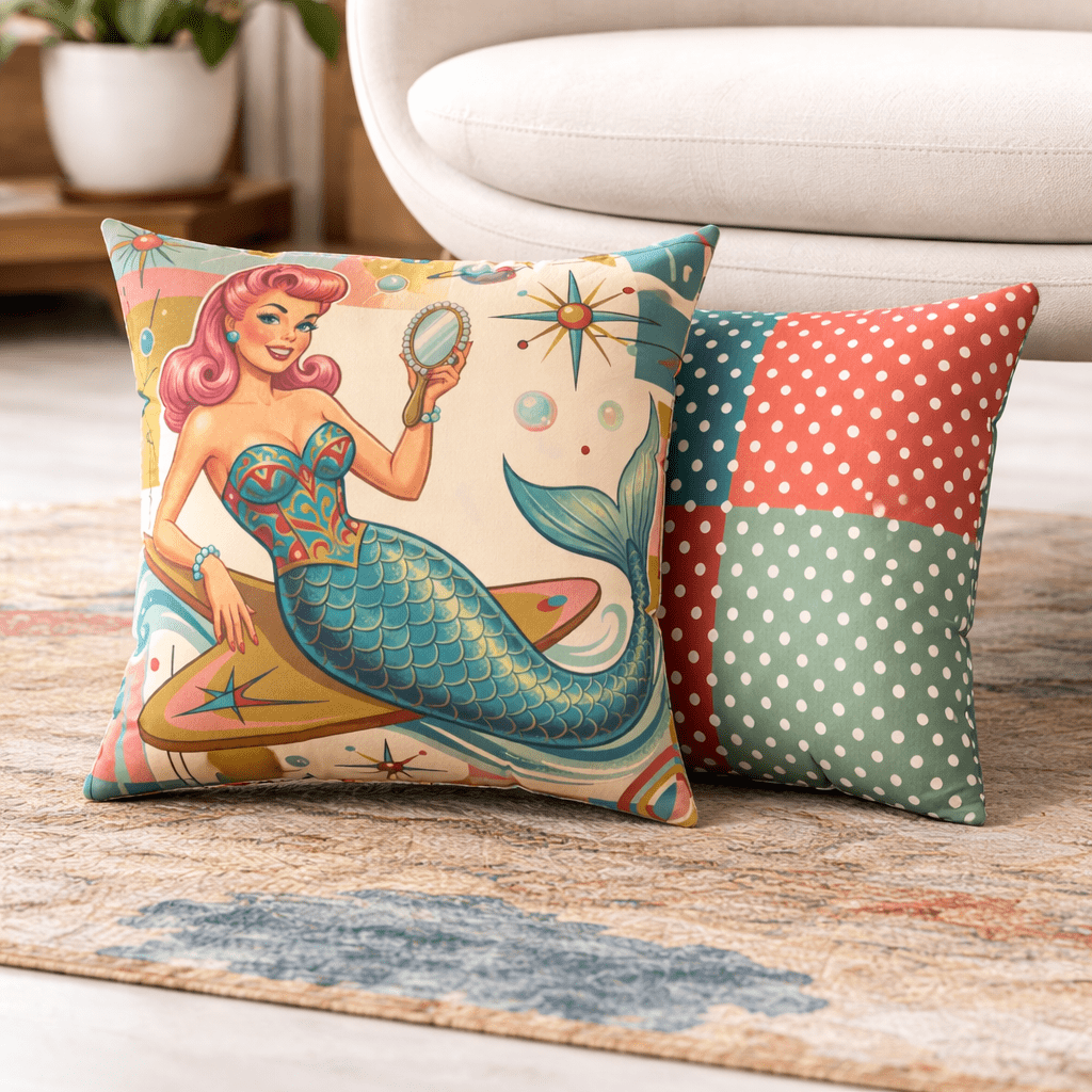 Kate McEnroe New York Kitschy Mermaid Retro Polka Dots Mid Century Modern Throw PillowThrow Pillows16314652129057001410