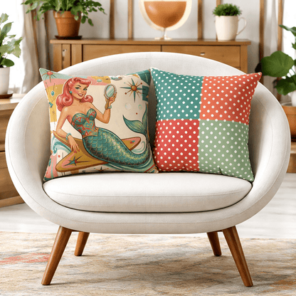 Kate McEnroe New York Kitschy Mermaid Retro Polka Dots Mid Century Modern Throw PillowThrow Pillows16314652129057001410