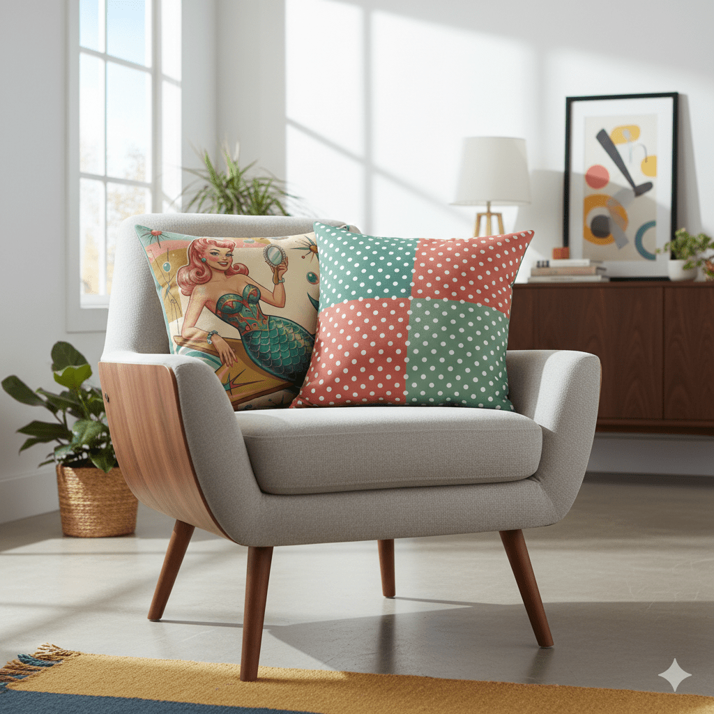 Kate McEnroe New York Kitschy Mermaid Retro Polka Dots Mid Century Modern Throw PillowThrow Pillows32285181844658160822