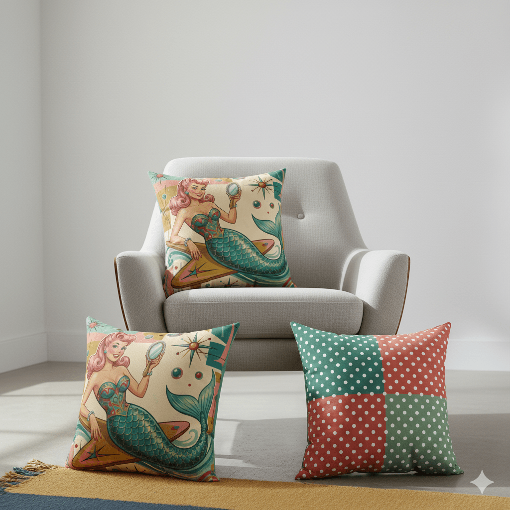 Kate McEnroe New York Kitschy Mermaid Retro Polka Dots Mid Century Modern Throw PillowThrow Pillows32285181844658160822