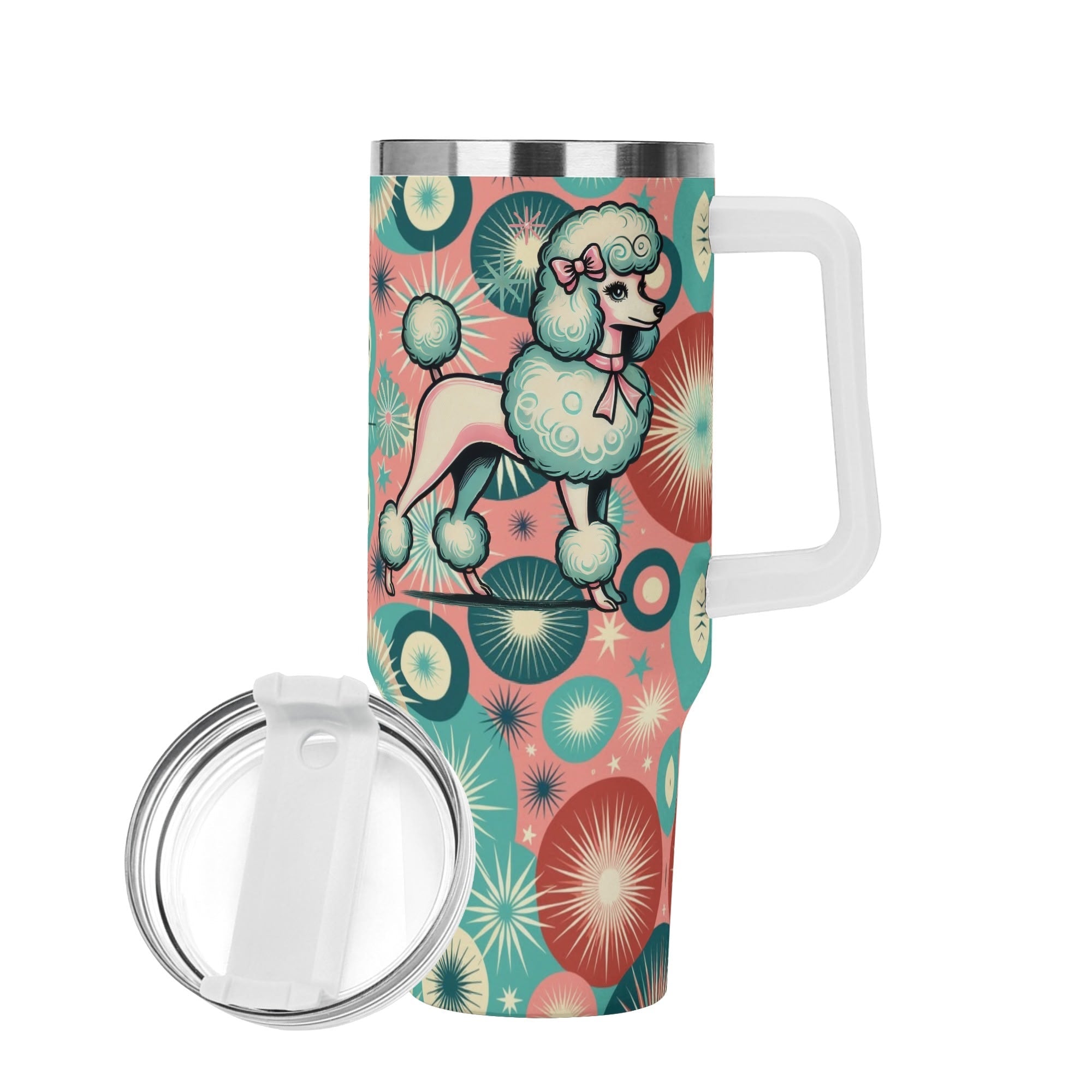 Kate McEnroe New York Kitschy Poodle Atomic Starburst Tumbler, Mid Century Modern Pink Teal Drinkware, Retro Travel MugTumblersW396OVMW - 1