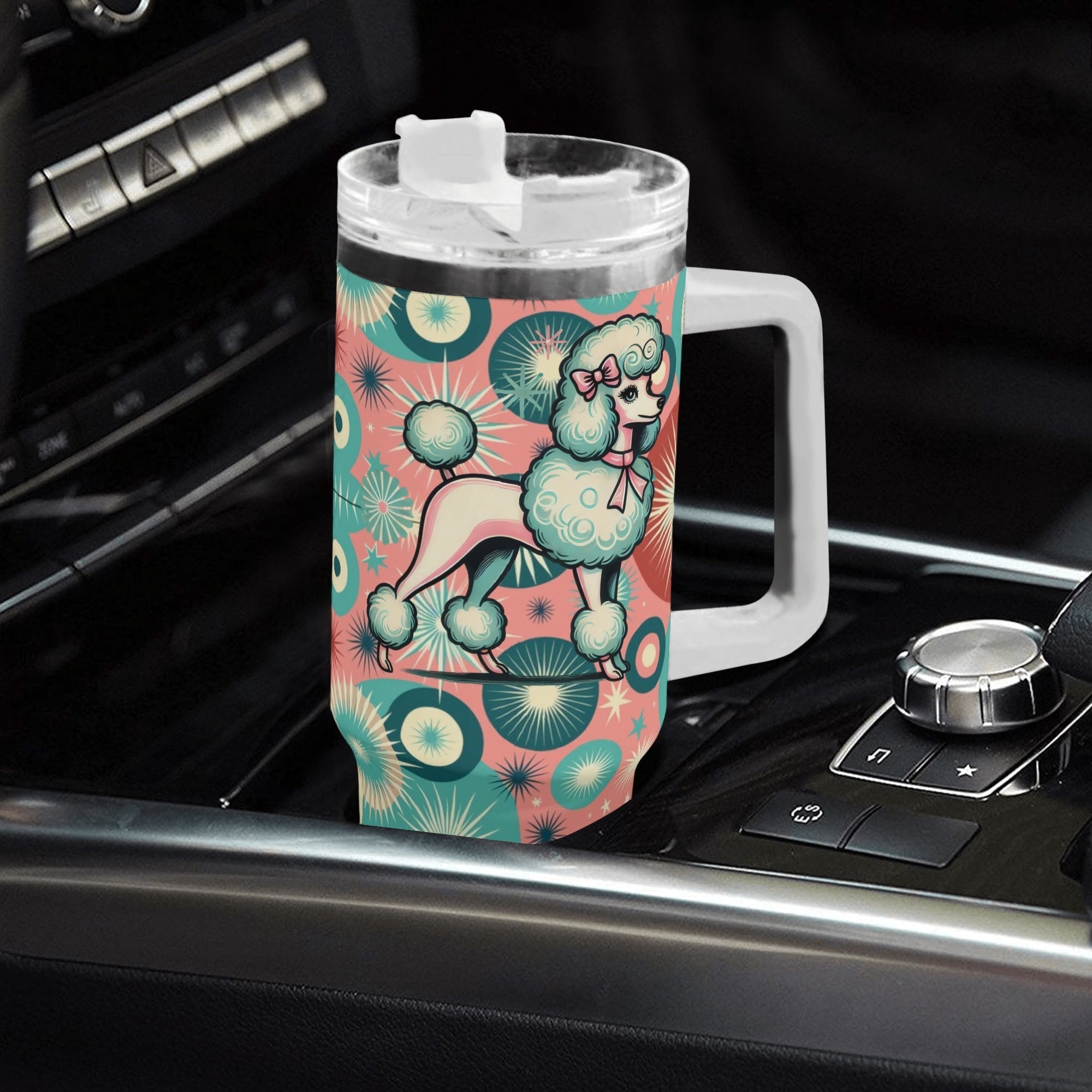 Kate McEnroe New York Kitschy Poodle Atomic Starburst Tumbler, Mid Century Modern Pink Teal Drinkware, Retro Travel MugTumblersW396OVMW - 1