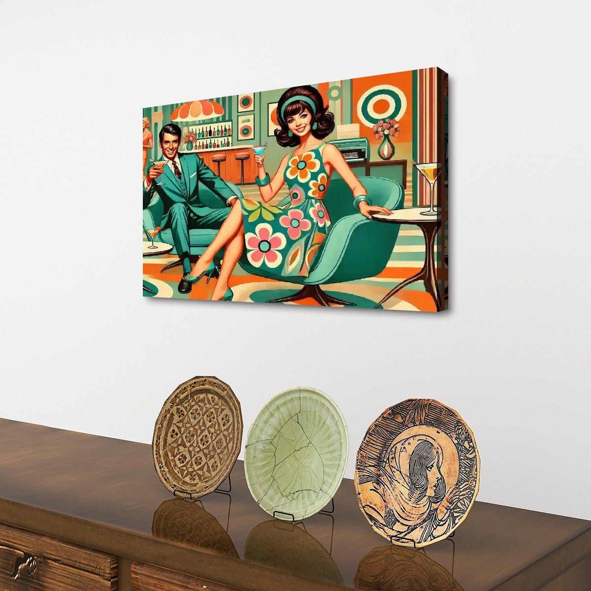 Kate McEnroe New York Kitschy Retro 60s Mod Cocktail Lounge Canvas Wall Art, Mid Century Modern Swanky Bar SceneCanvas Wall ArtvSgqiGm6h5