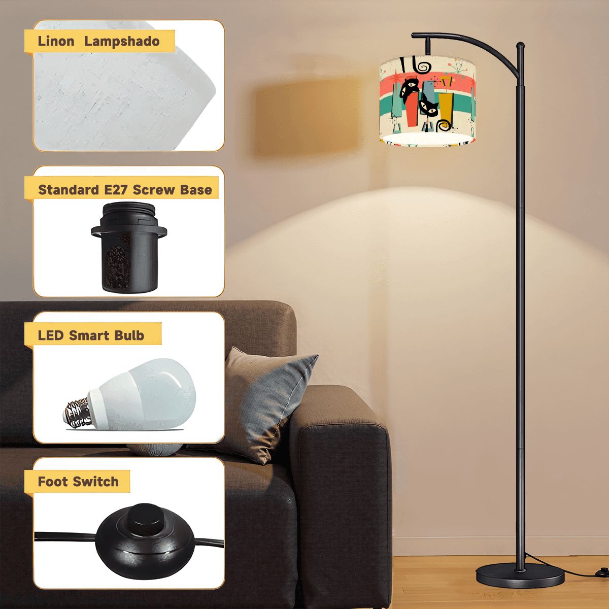 Kate McEnroe New York Kitschy Retro Atomic Cats Mid Century Modern Arc Floor LampArc Floor Lamps2ExnTL2Rru