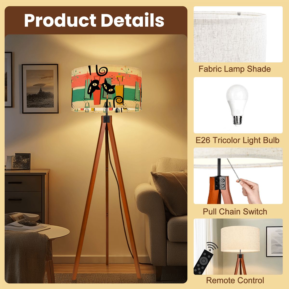 Kate McEnroe New York Kitschy Retro Atomic Cats Mid Century Modern Tripod Floor LampTripod Floor LampsWJ8chqHOAV