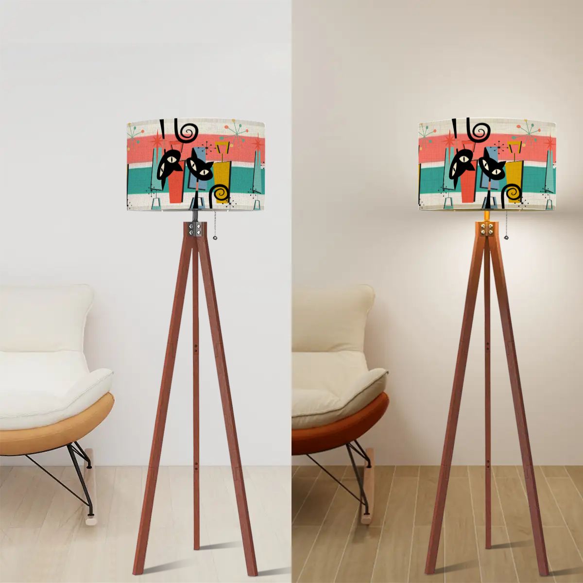 Kate McEnroe New York Kitschy Retro Atomic Cats Mid Century Modern Tripod Floor LampTripod Floor LampsWJ8chqHOAV