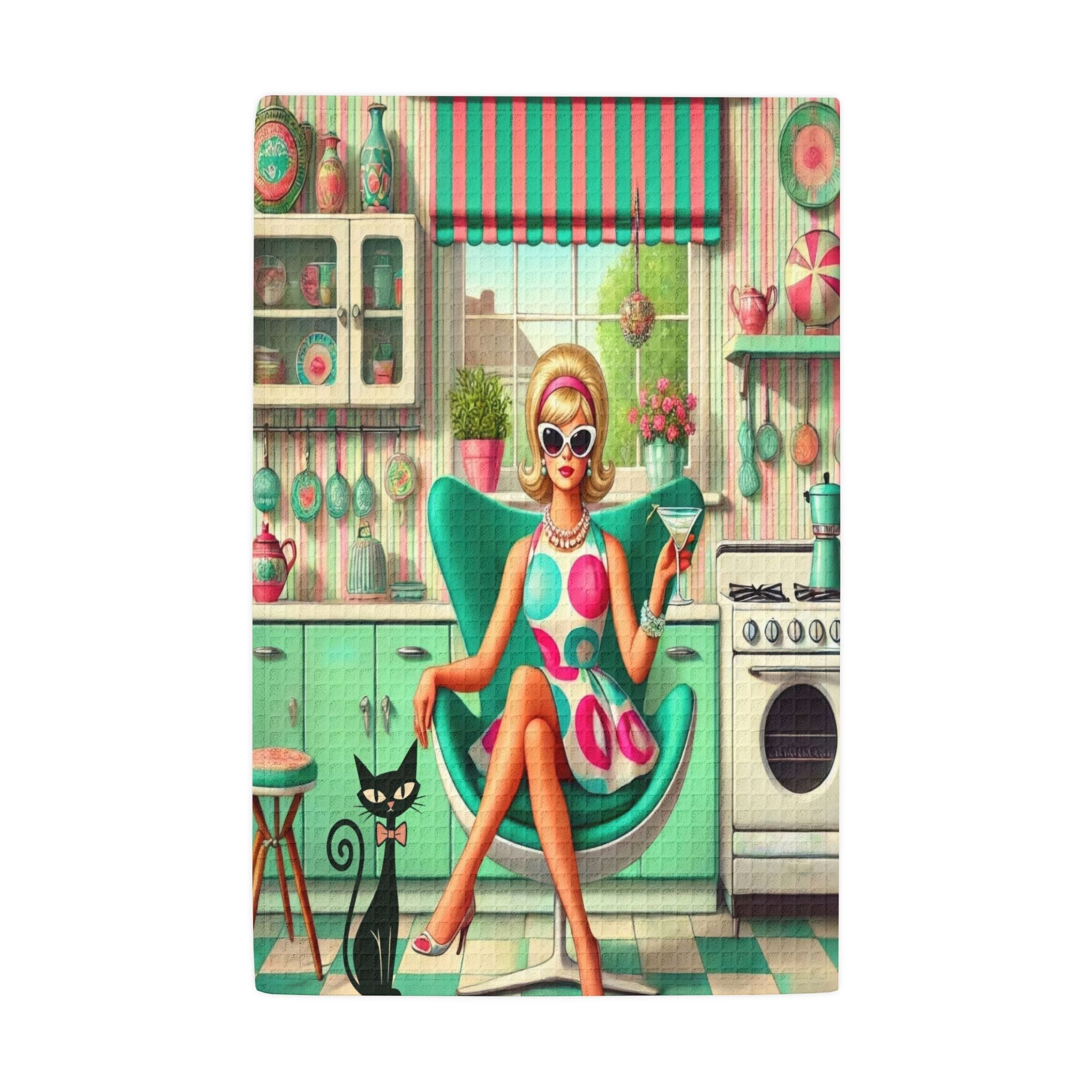 Kate McEnroe New York Kitschy Retro Housewife Kitchen Towel, MCM Atomic Cat Waffle WeaveKitchen Towels26504963724719348794
