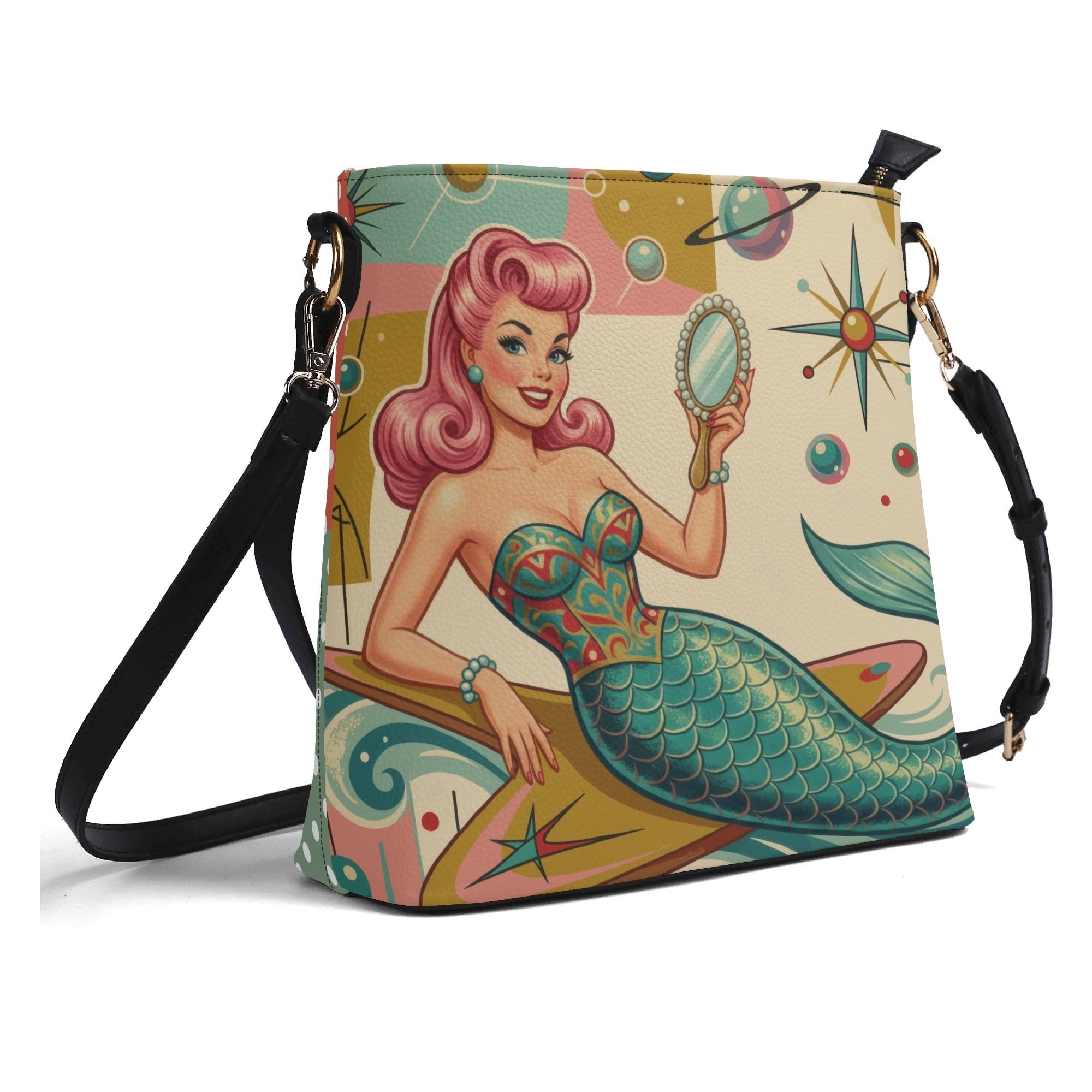 Kate McEnroe New York Kitschy Retro Mermaid Polka Dot Mid Century Modern Bucket BagHandbagsNVOZ6GPY-1