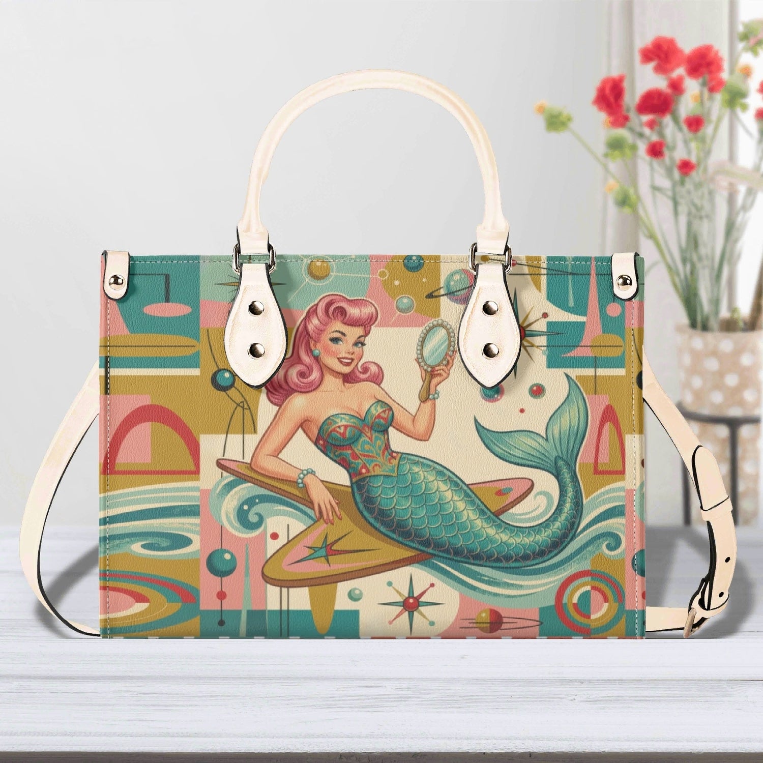 Kate McEnroe New York Kitschy Retro Mermaid Polka Dot Mid Century Modern SatchelHandbagsWDXP7Z2N-4