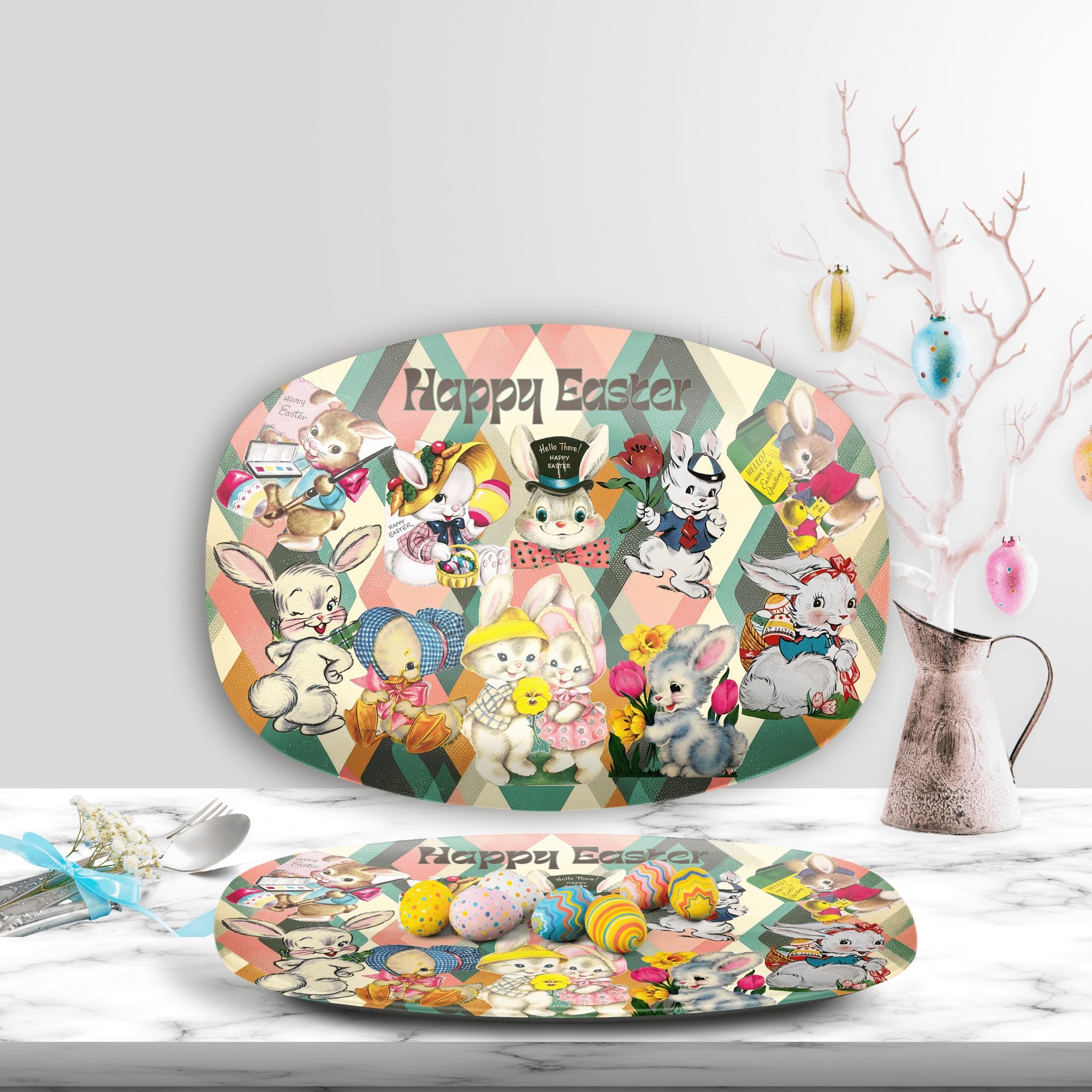 Kate McEnroe New York Kitschy Vintage Easter Bunny Platter, Retro Holiday Card Art Festive Serving TrayServing PlattersP22 - KIT - BUN - 5