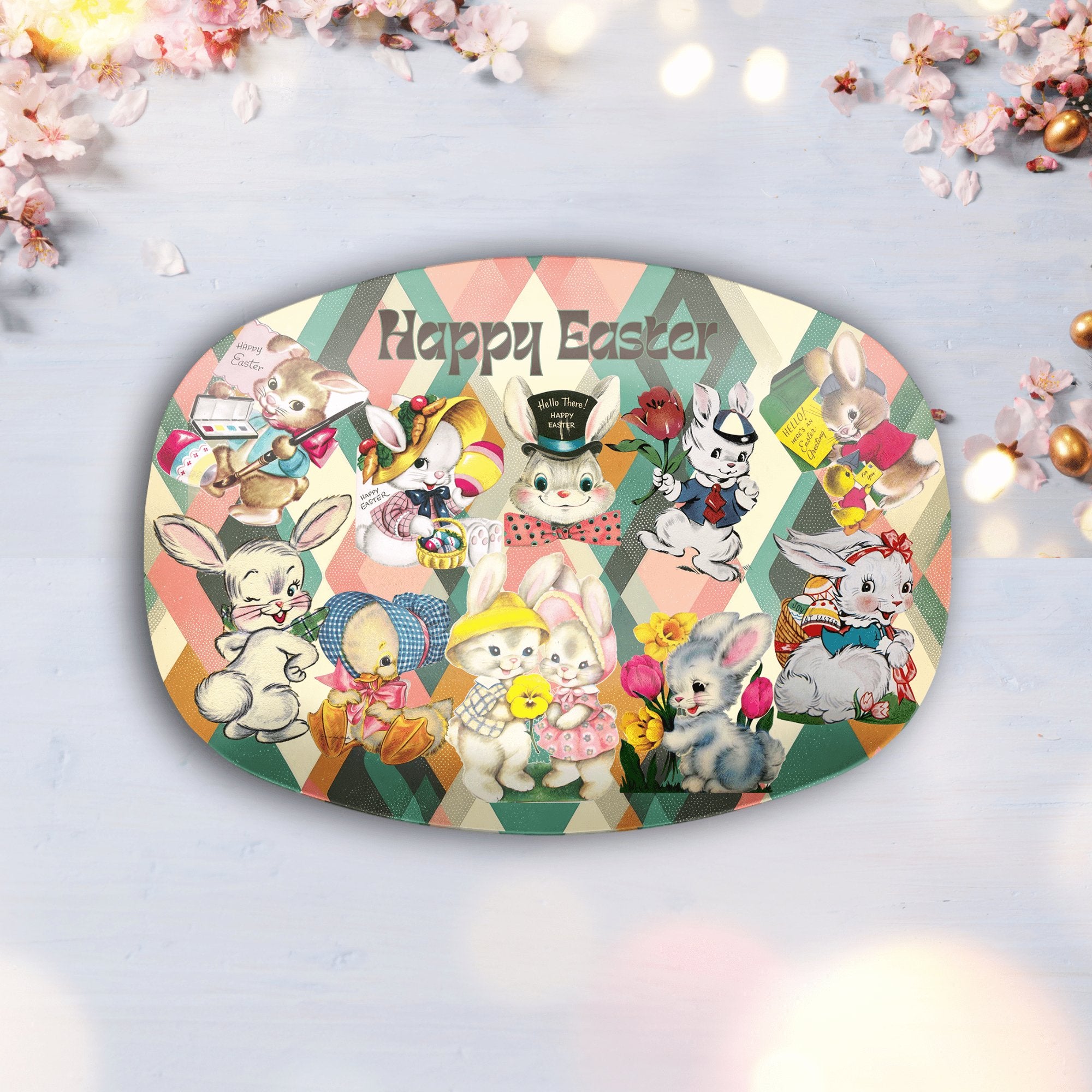 Kate McEnroe New York Kitschy Vintage Easter Bunny Platter, Retro Holiday Card Art Festive Serving TrayServing PlattersP22 - KIT - BUN - 5