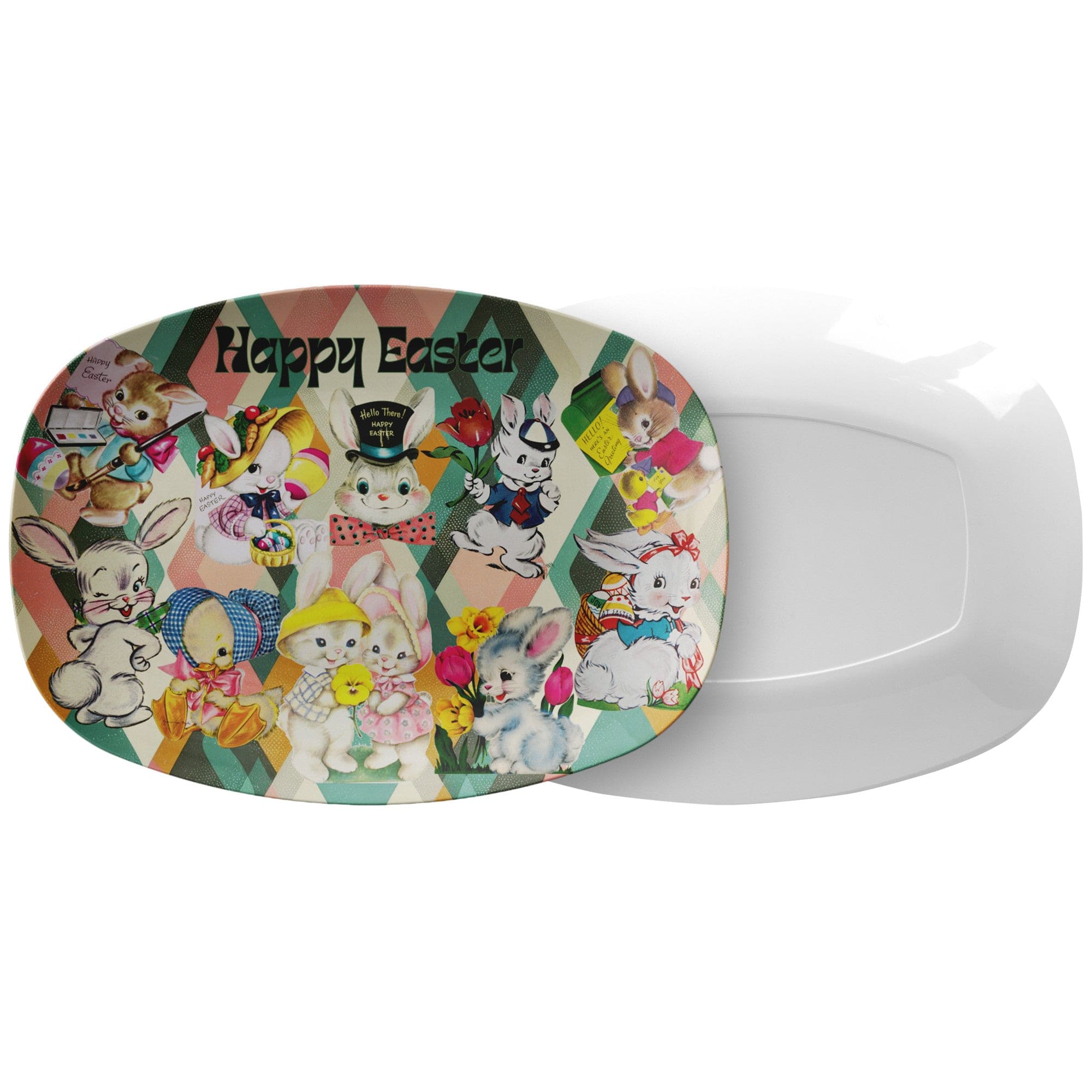 Kate McEnroe New York Kitschy Vintage Easter Bunny Platter, Retro Holiday Card Art Festive Serving TrayServing PlattersP22 - KIT - BUN - 5
