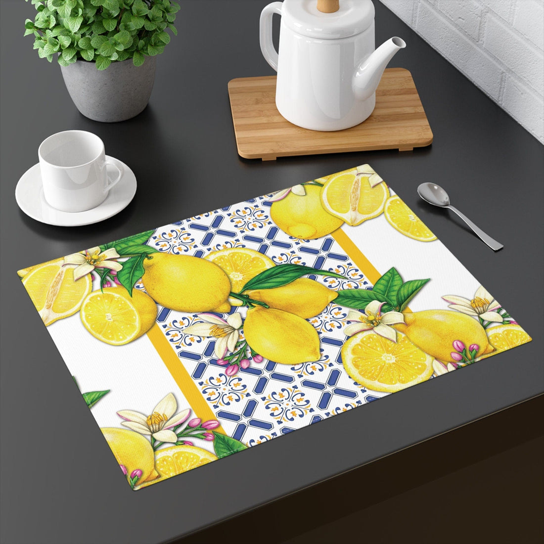 Kate McEnroe New York Lemon and Tiles Cobalt Blue &amp; Yellow Woven Placemats, Mediterranean Floral Dining Table Linens, Fall Home Decor, Hostess Gift, Table Setting Placemats DPM-LEM-TLS-3