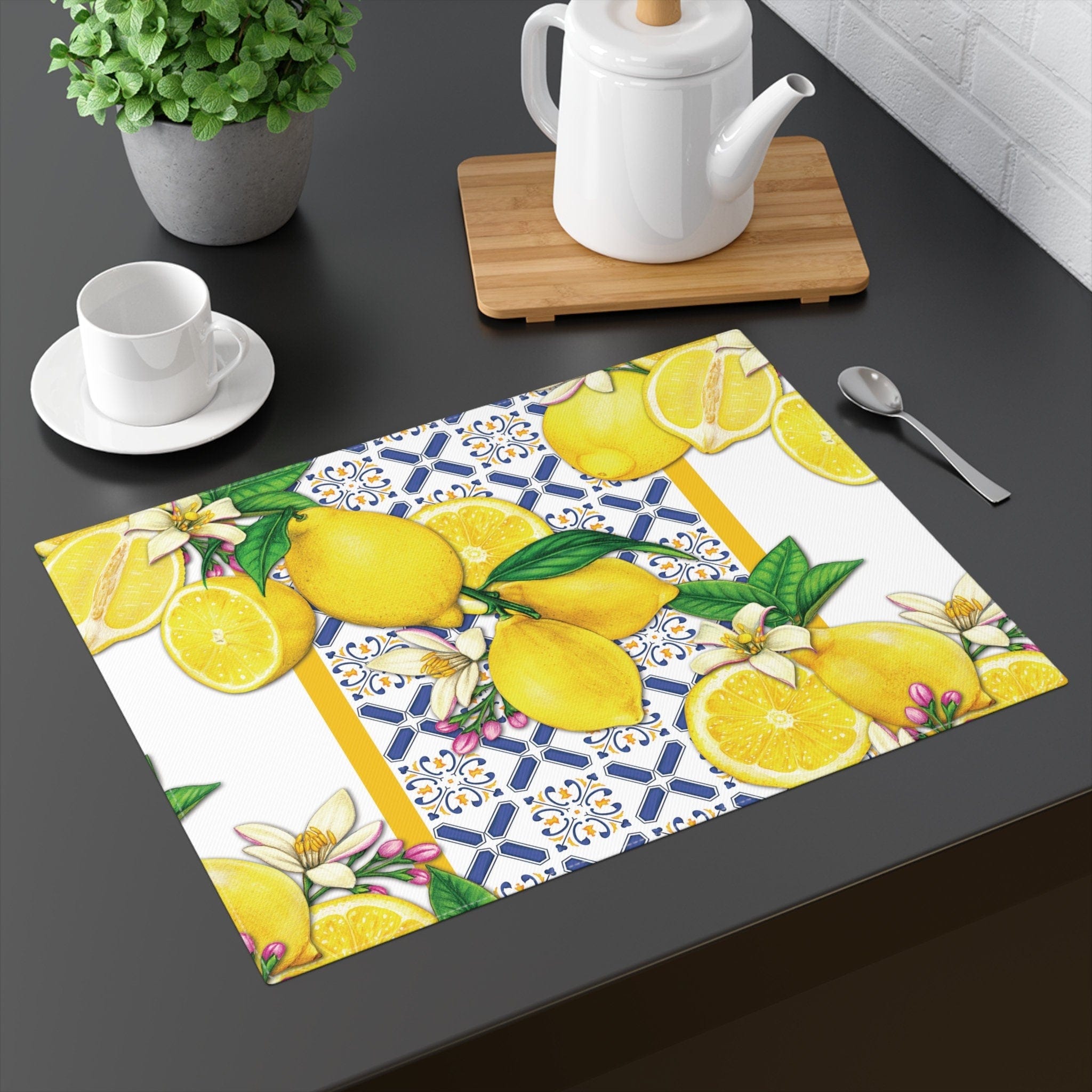 Kate McEnroe New York Lemon and Tiles Cobalt Blue &amp; Yellow Woven Placemats, Mediterranean Floral Dining Table Linens, Fall Home Decor, Hostess Gift, Table SettingPlacematsDPM - LEM - TLS - 3