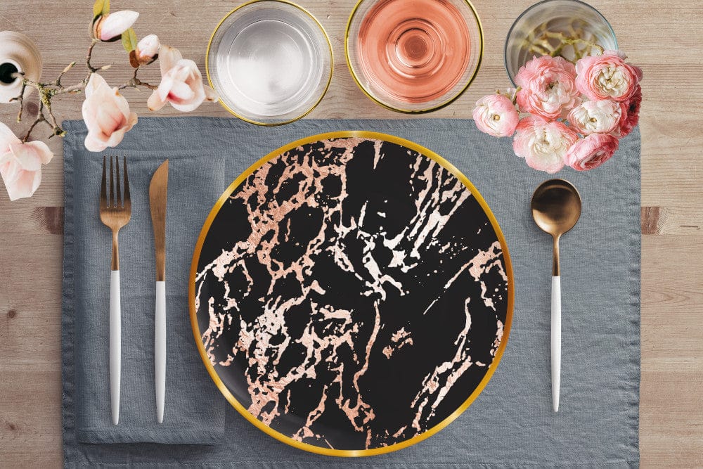 Kate McEnroe New York Marble Dinner Plate in Black Blush with Gold Rim Plates
