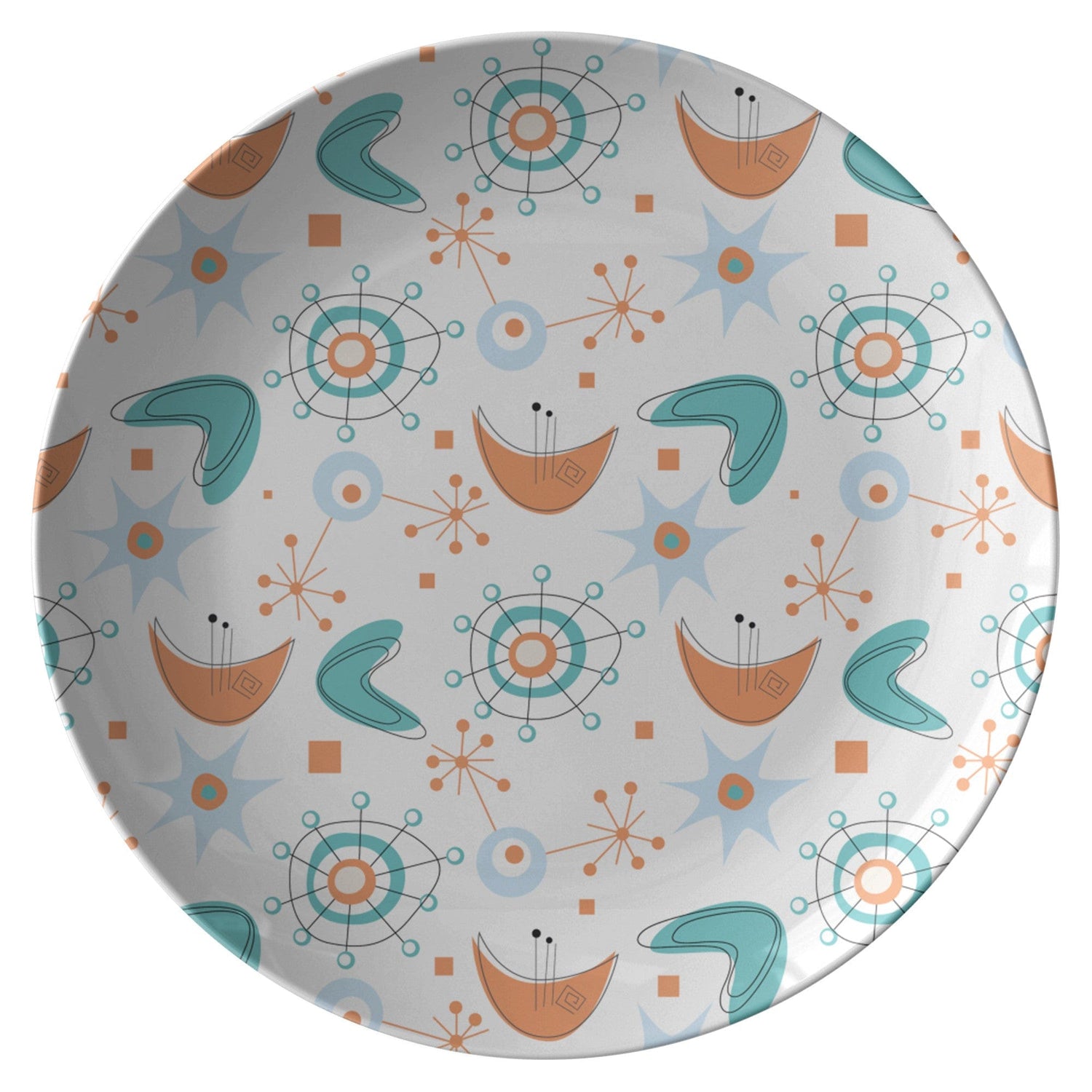 Kate McEnroe New York MCM Atomic Boomerang Starburst Dinner Plate, Retro Sputnik Mid Century Modern Teal, Orange DinnerwarePlates9820SINGLE