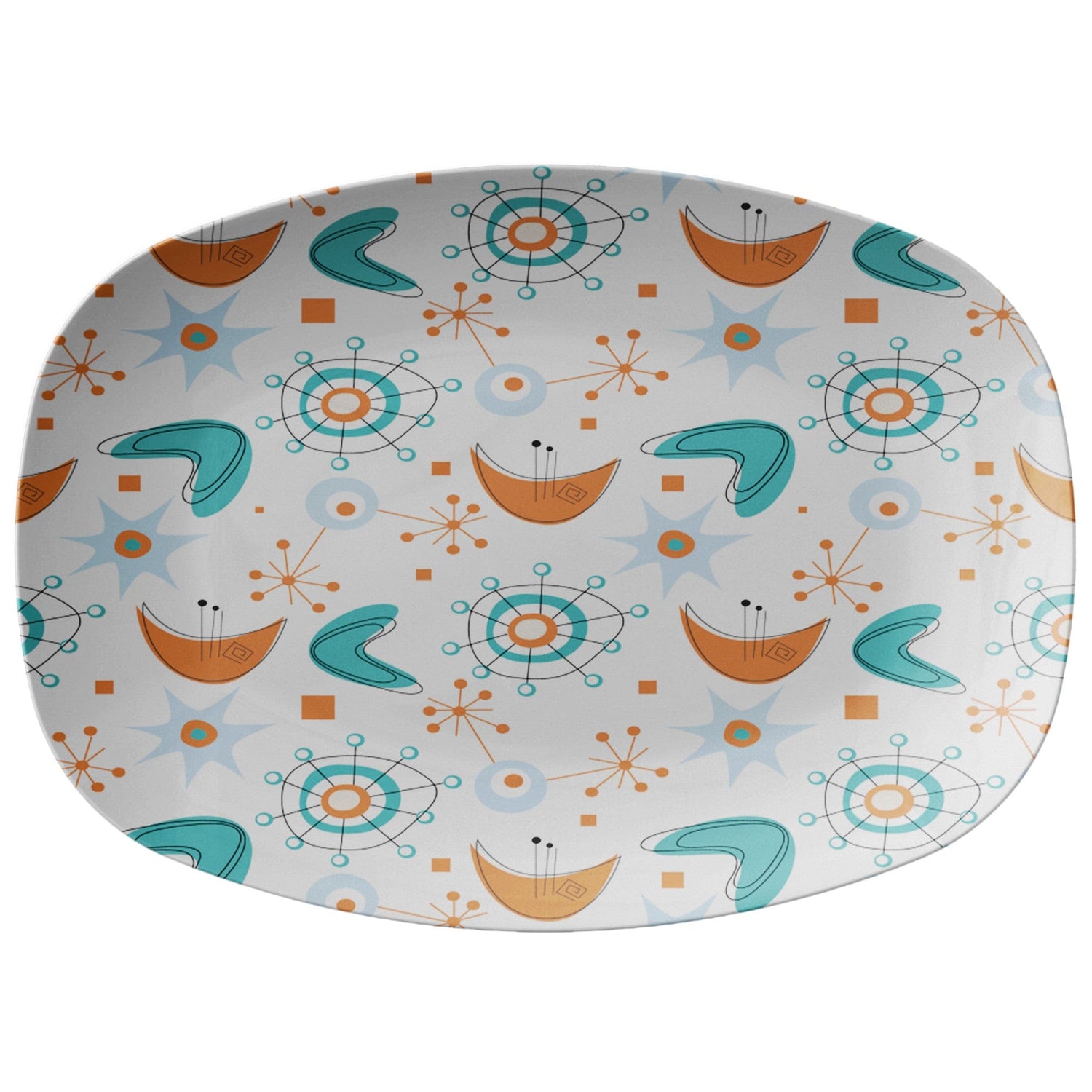 Kate McEnroe New York MCM Atomic Boomerang Starburst Platter, Retro Sputnik Mid Century Modern Teal, Orange DinnerwareServing Platters9727