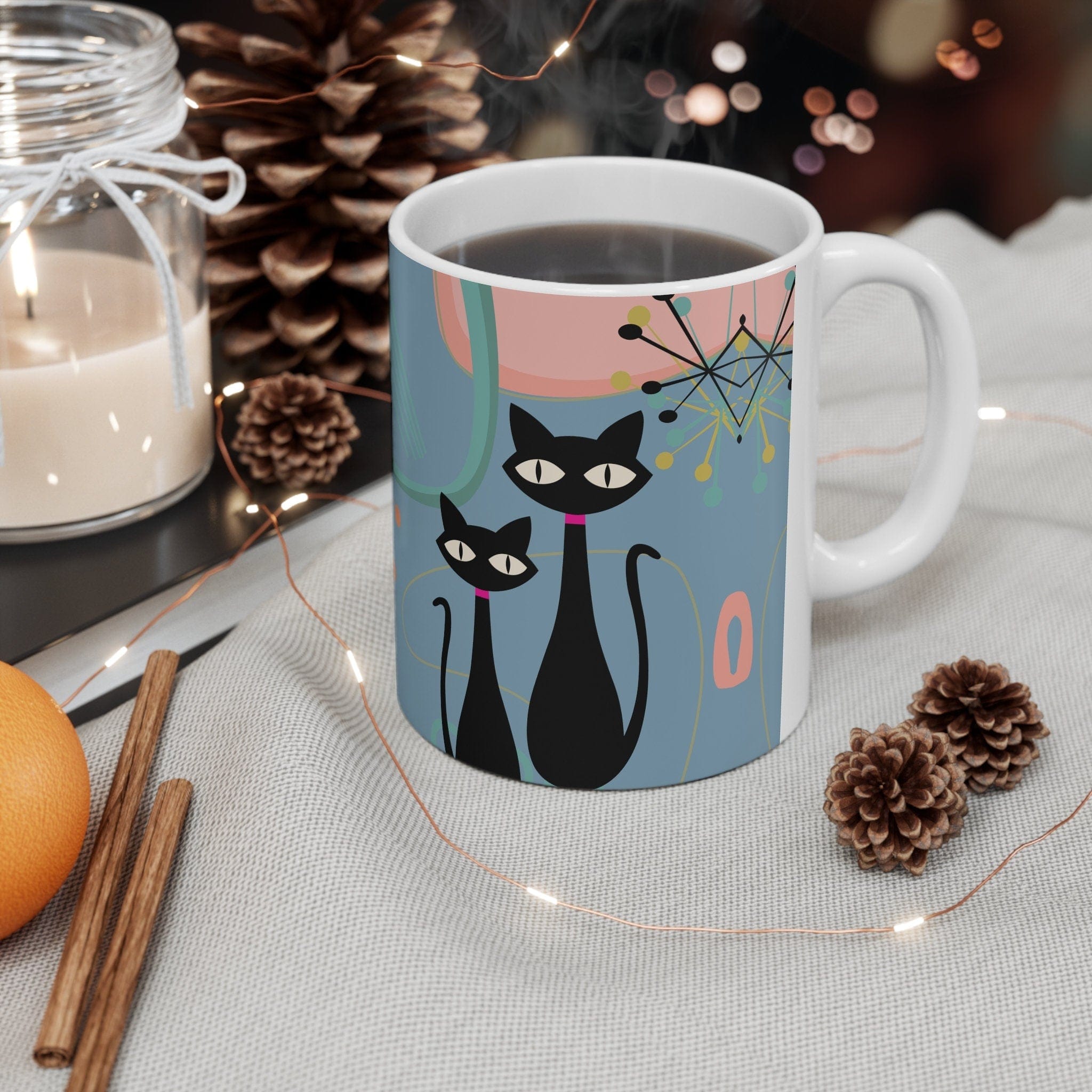 Kate McEnroe New York MCM Atomic Cat Ceramic Mug, 11oz Mid Century Modern, Aqua, Pink Boomerang Starbursts Coffee, Tea Drinkware - 127481923Mugs30165649032040287050