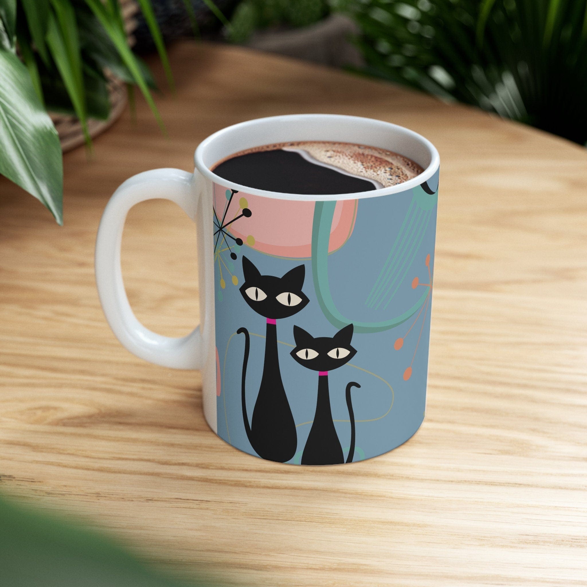 Kate McEnroe New York MCM Atomic Cat Ceramic Mug, 11oz Mid Century Modern, Aqua, Pink Boomerang Starbursts Coffee, Tea Drinkware - 127481923Mugs30165649032040287050