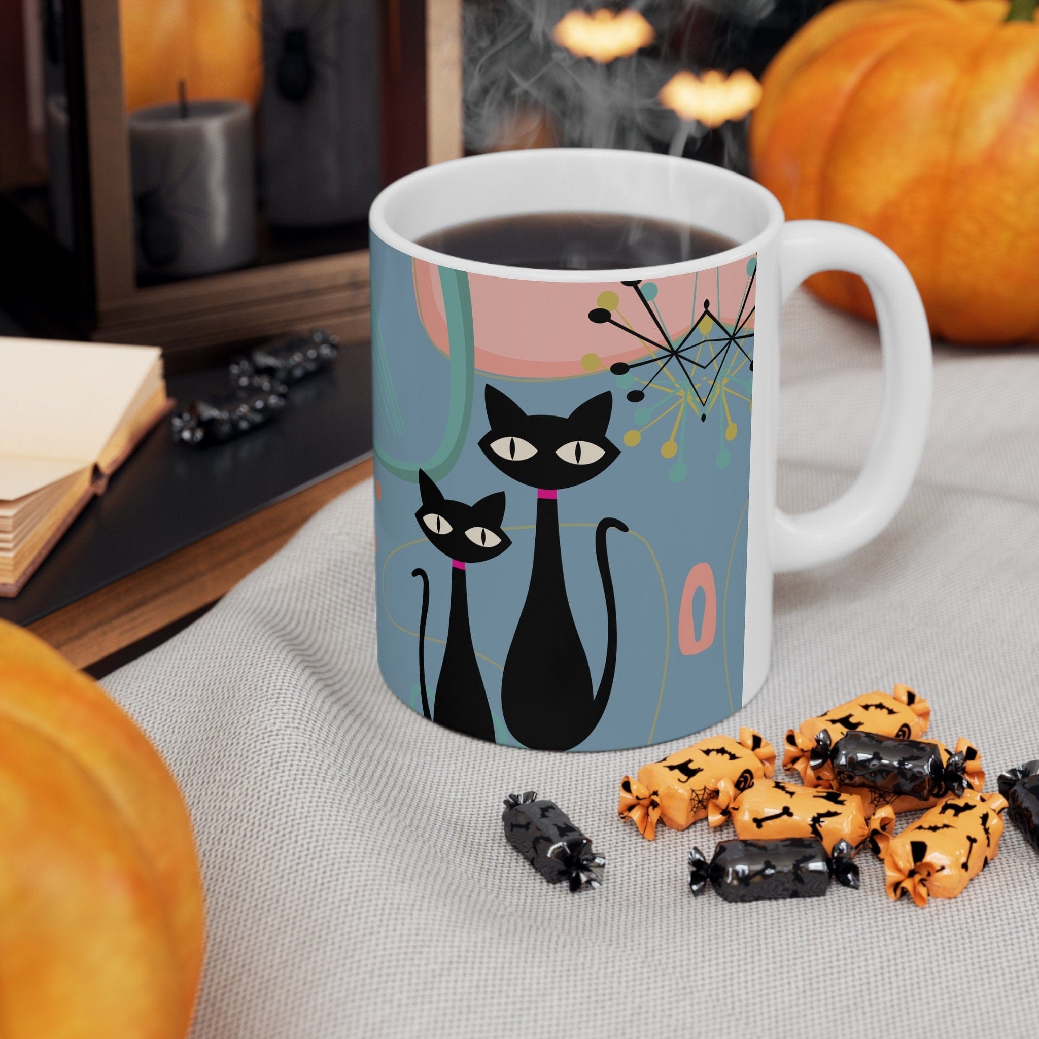 Kate McEnroe New York MCM Atomic Cat Ceramic Mug, 11oz Mid Century Modern, Aqua, Pink Boomerang Starbursts Coffee, Tea Drinkware - 127481923Mugs30165649032040287050