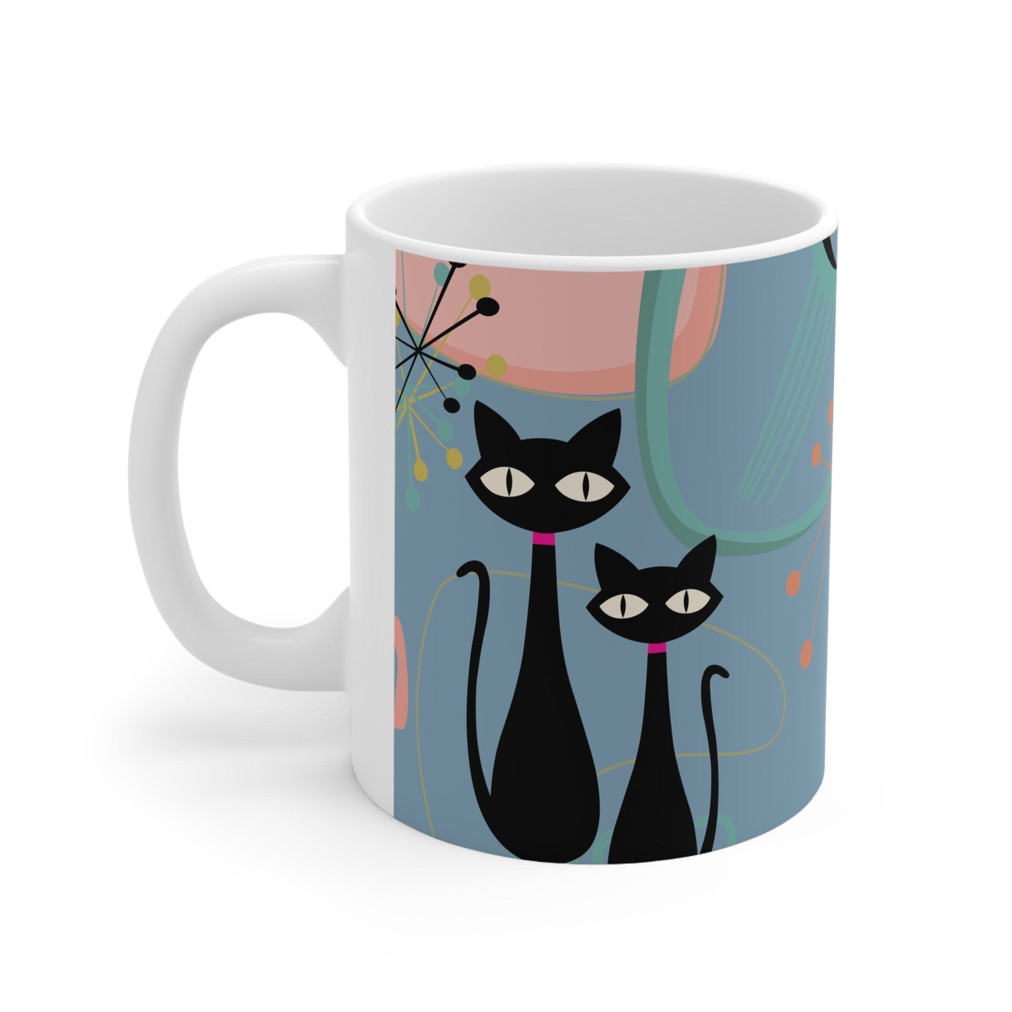 Kate McEnroe New York MCM Atomic Cat Ceramic Mug, 11oz Mid Century Modern, Aqua, Pink Boomerang Starbursts Coffee, Tea Drinkware - 127481923Mugs30165649032040287050