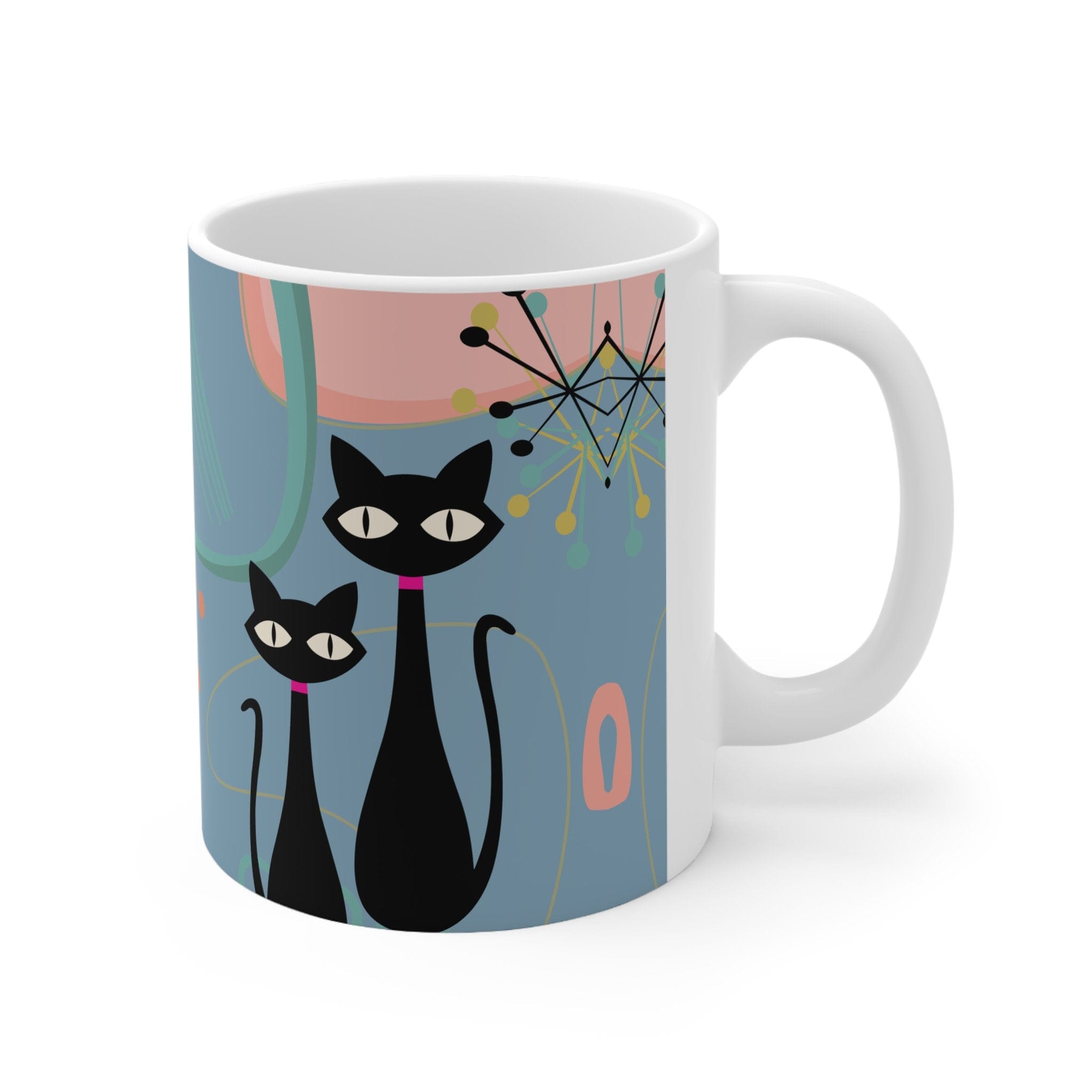 Kate McEnroe New York MCM Atomic Cat Ceramic Mug, 11oz Mid Century Modern, Aqua, Pink Boomerang Starbursts Coffee, Tea Drinkware - 127481923Mugs30165649032040287050