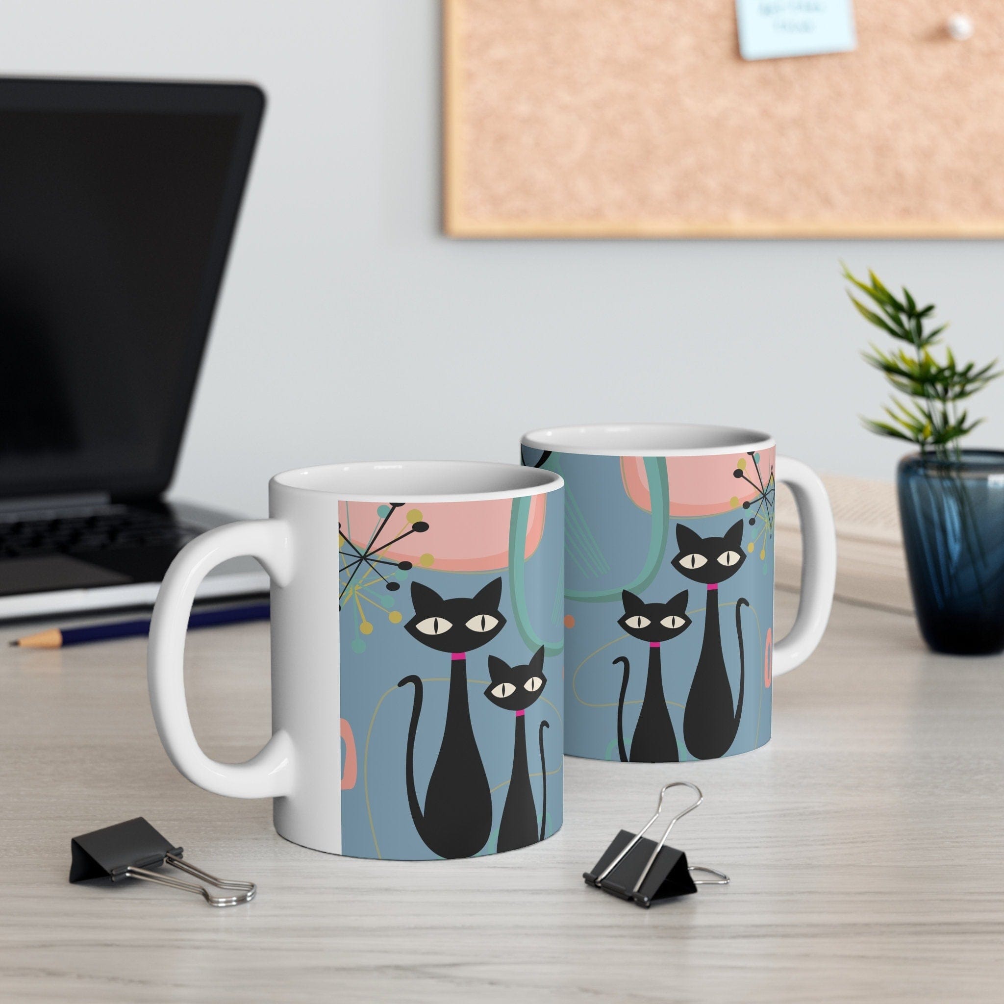 Kate McEnroe New York MCM Atomic Cat Ceramic Mug, 11oz Mid Century Modern, Aqua, Pink Boomerang Starbursts Coffee, Tea Drinkware - 127481923Mugs30165649032040287050
