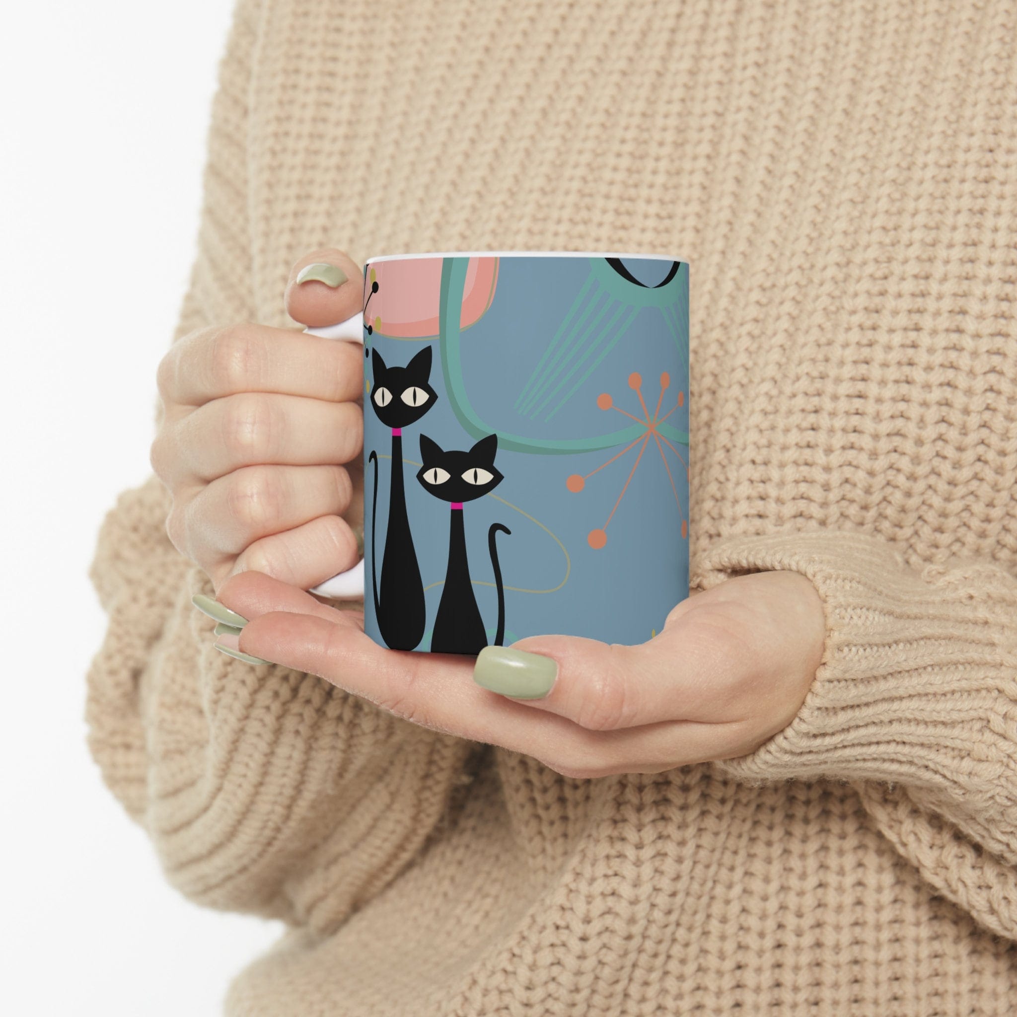 Kate McEnroe New York MCM Atomic Cat Ceramic Mug, 11oz Mid Century Modern, Aqua, Pink Boomerang Starbursts Coffee, Tea Drinkware - 127481923Mugs30165649032040287050