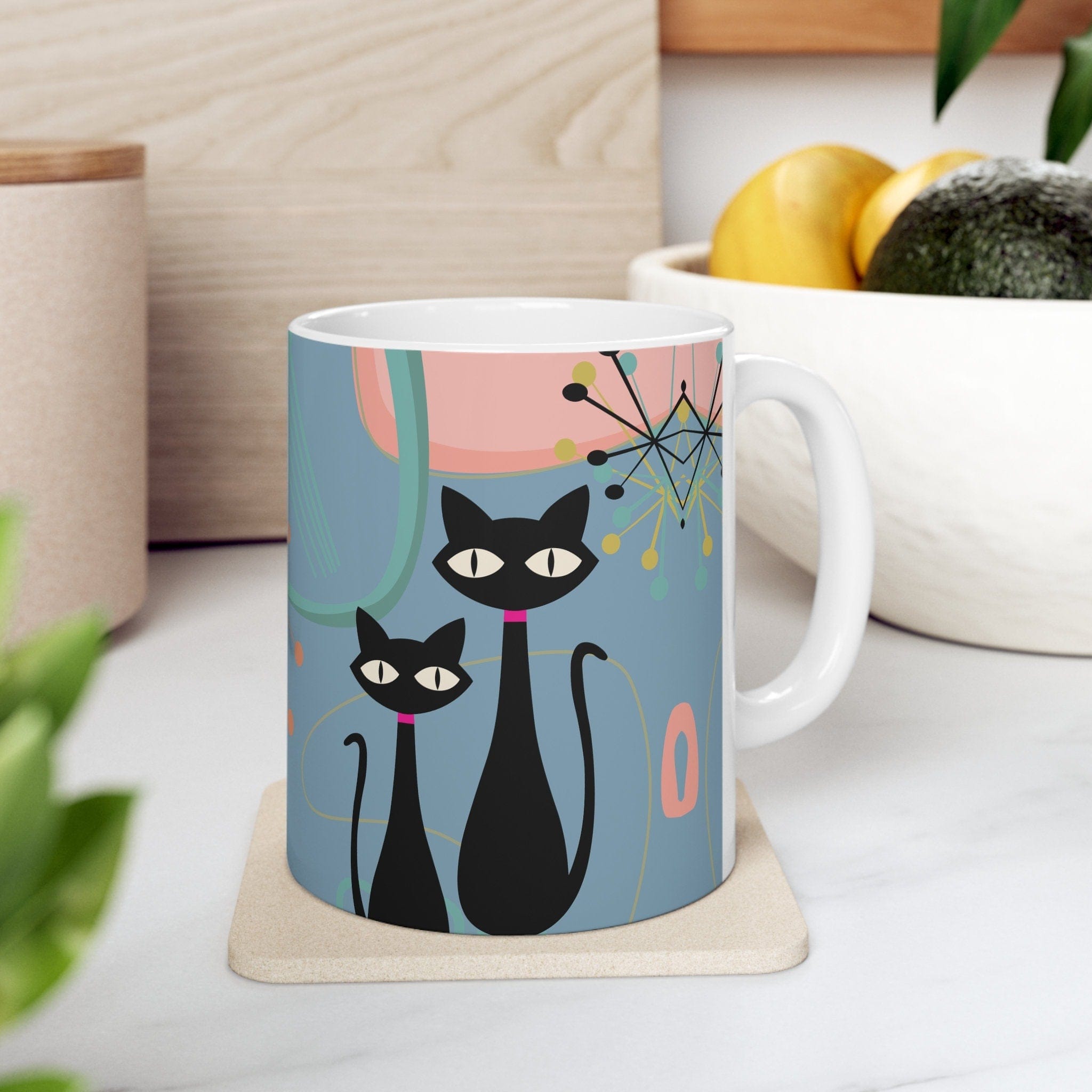 Kate McEnroe New York MCM Atomic Cat Ceramic Mug, 11oz Mid Century Modern, Aqua, Pink Boomerang Starbursts Coffee, Tea Drinkware - 127481923Mugs30165649032040287050