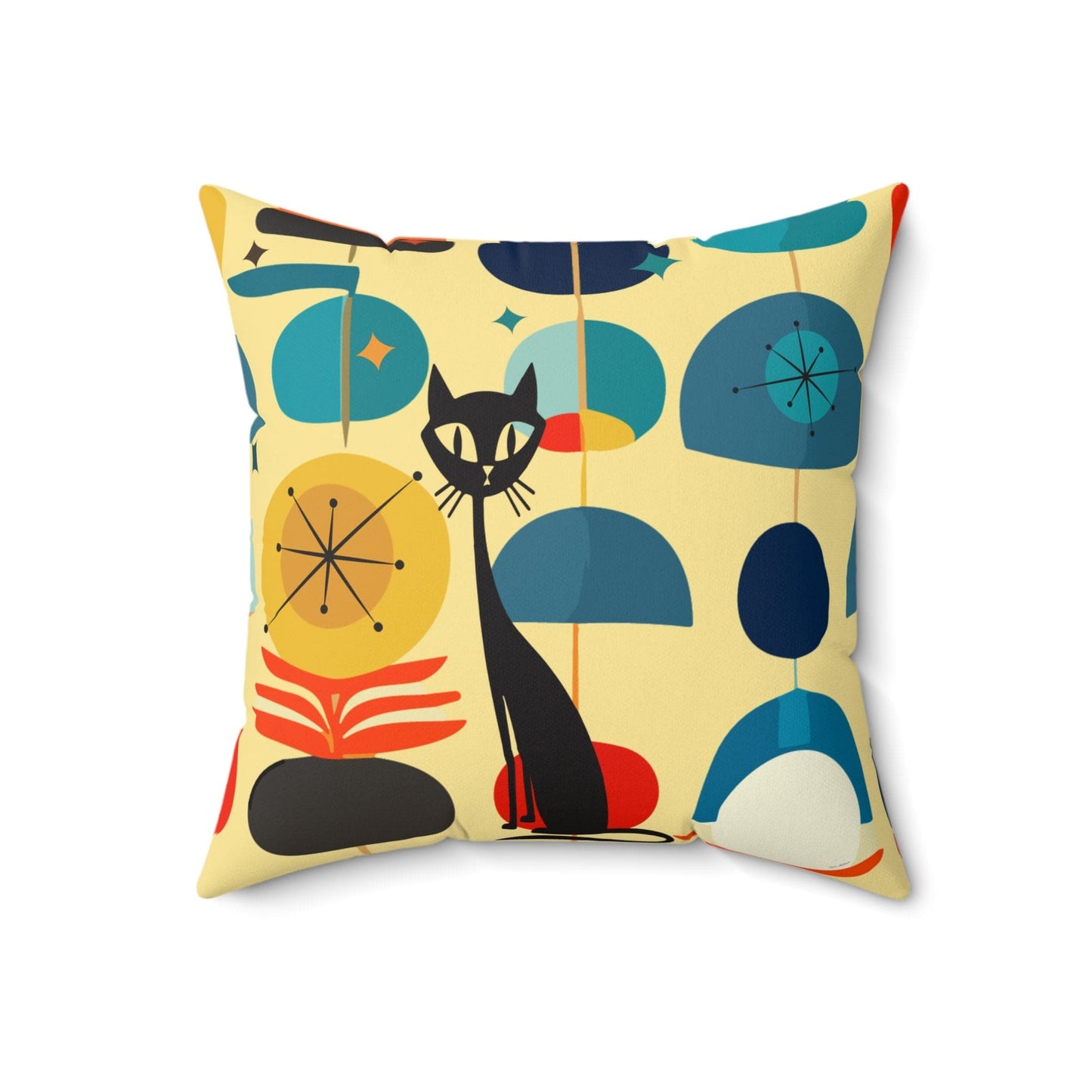Kate McEnroe New York MCM Atomic Cat Retro Vintage Geometric Throw Pillow, Mid Century Modern Teal, Aqua, Yellow Living Room, Bedroom Accent Pillow - 130682623 Throw Pillows