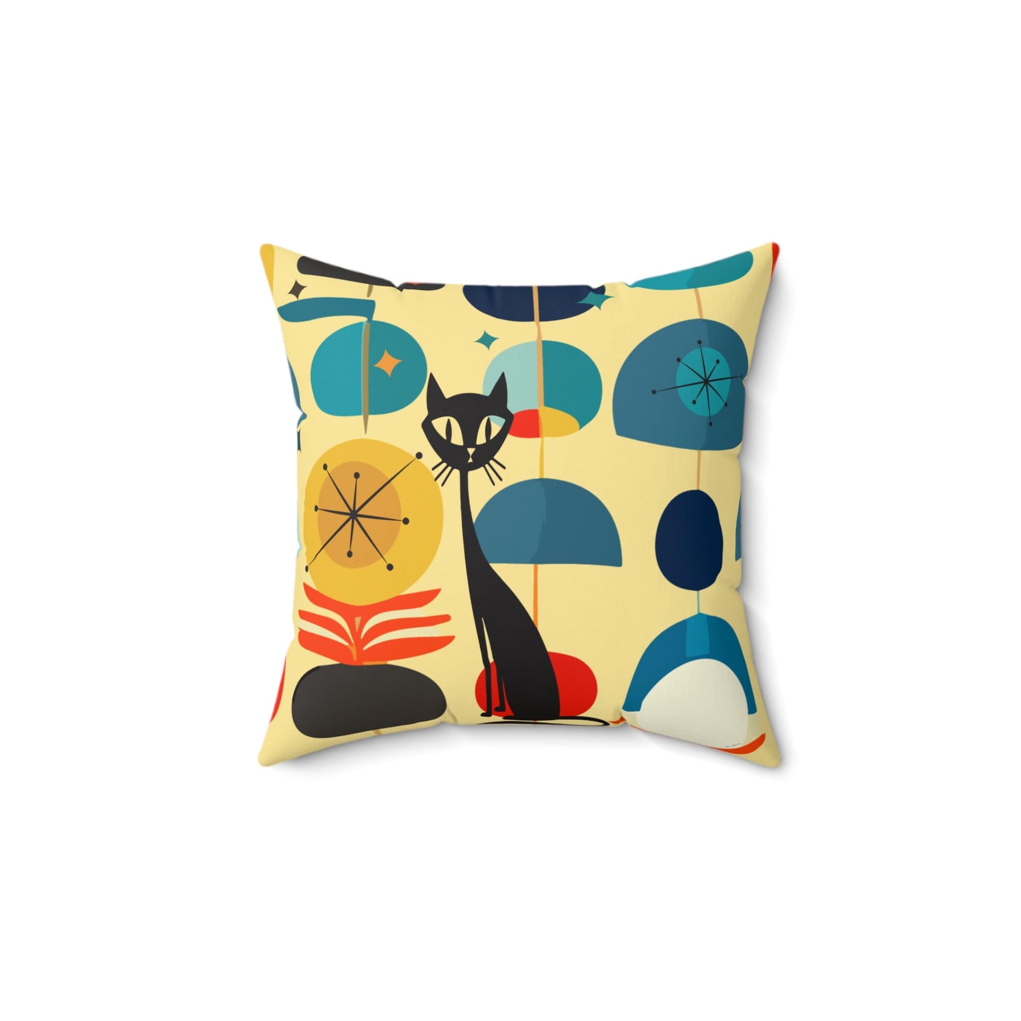Kate McEnroe New York MCM Atomic Cat Retro Vintage Geometric Throw Pillow, Mid Century Modern Teal, Aqua, Yellow Living Room, Bedroom Accent Pillow - 130682623Throw Pillows10977950734468883026