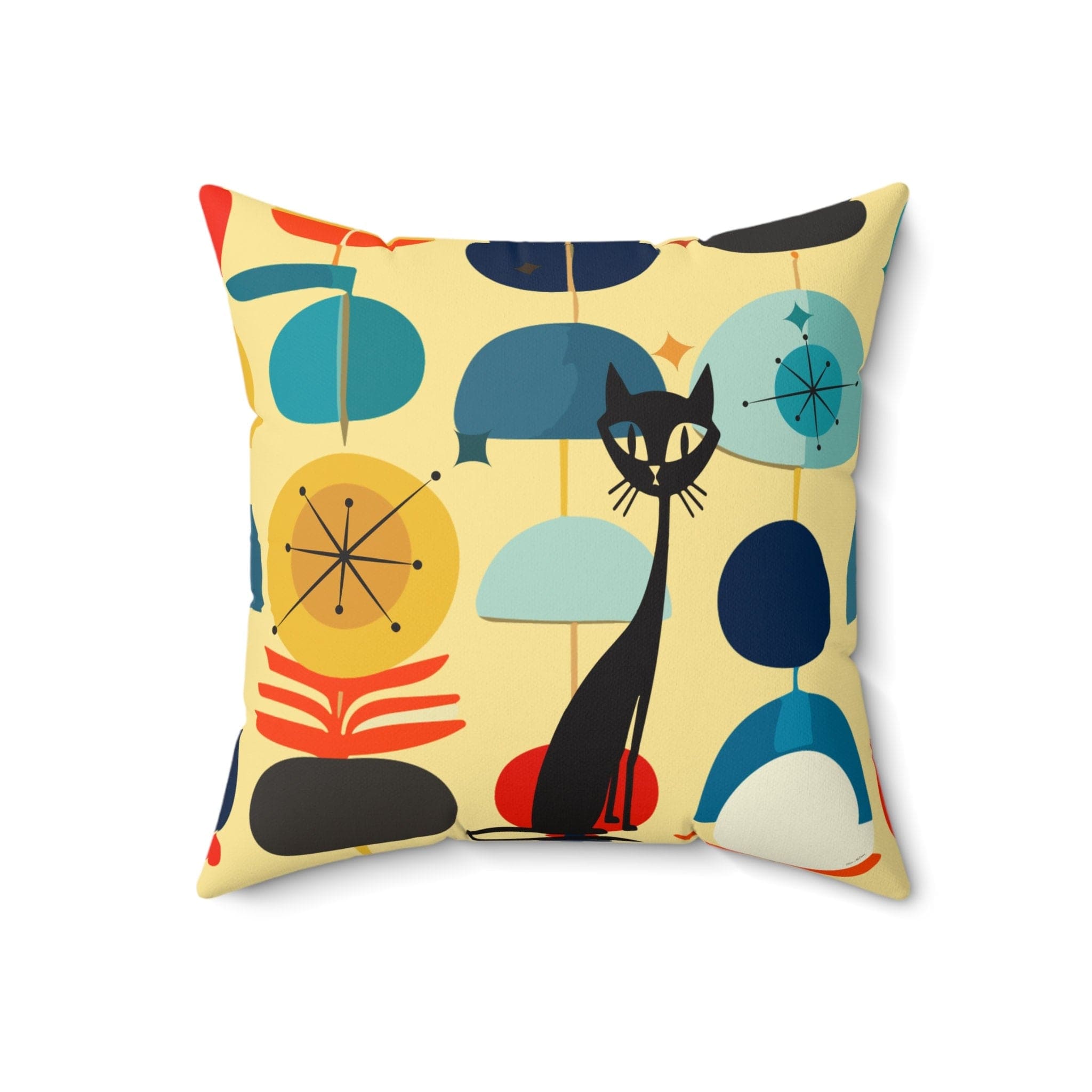 Kate McEnroe New York MCM Atomic Cat Retro Vintage Geometric Throw Pillow, Mid Century Modern Teal, Aqua, Yellow Living Room, Bedroom Accent Pillow - 130682623Throw Pillows10977950734468883026