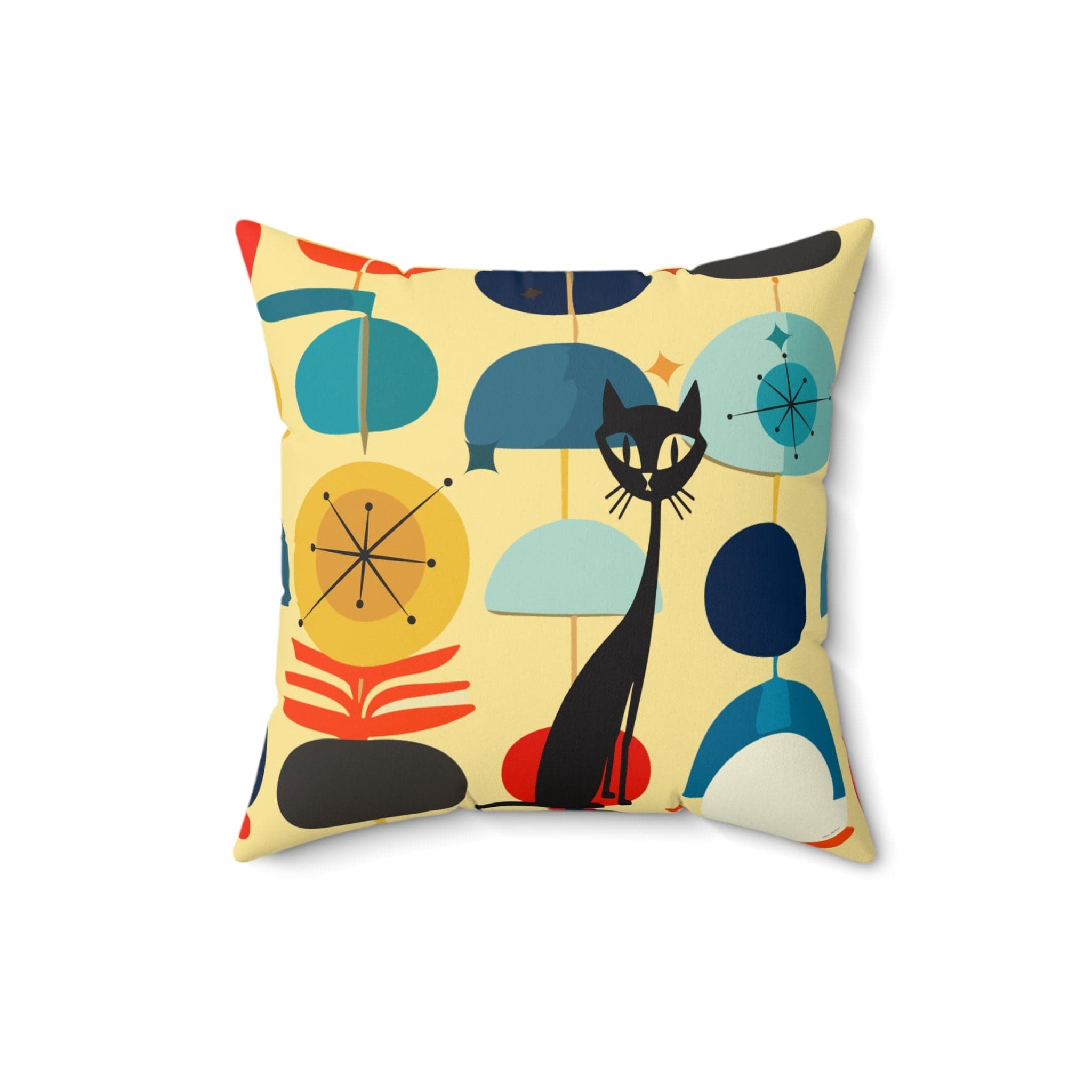 Kate McEnroe New York MCM Atomic Cat Retro Vintage Geometric Throw Pillow, Mid Century Modern Teal, Aqua, Yellow Living Room, Bedroom Accent Pillow - 130682623Throw Pillows10977950734468883026