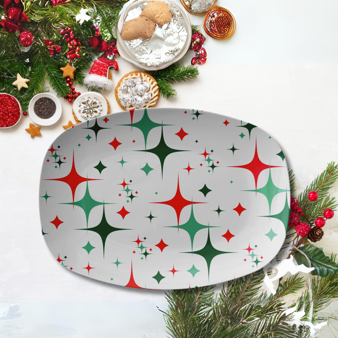 Kate McEnroe New York MCM Atomic Starburst Christmas Platter, Retro Mid Century Modern Serving TrayServing Platters9727