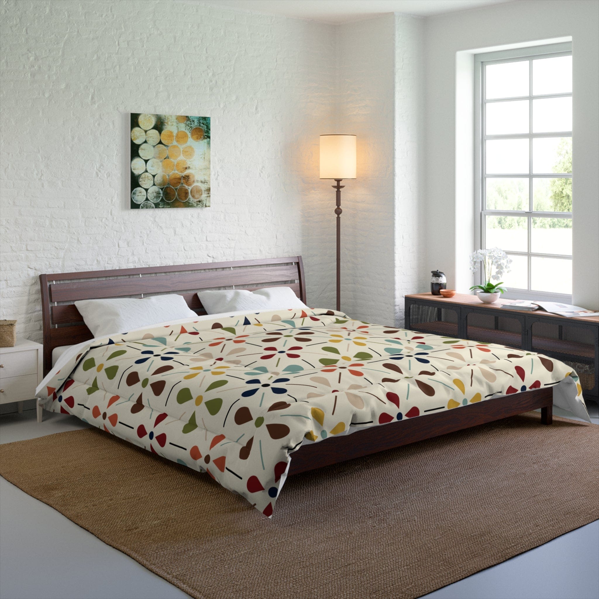 Kate McEnroe New York MCM Floral Comforter, Minimalist Scandinavian Modern Danish Retro Whimsical Blooms BeddingComforters21234965686563144616
