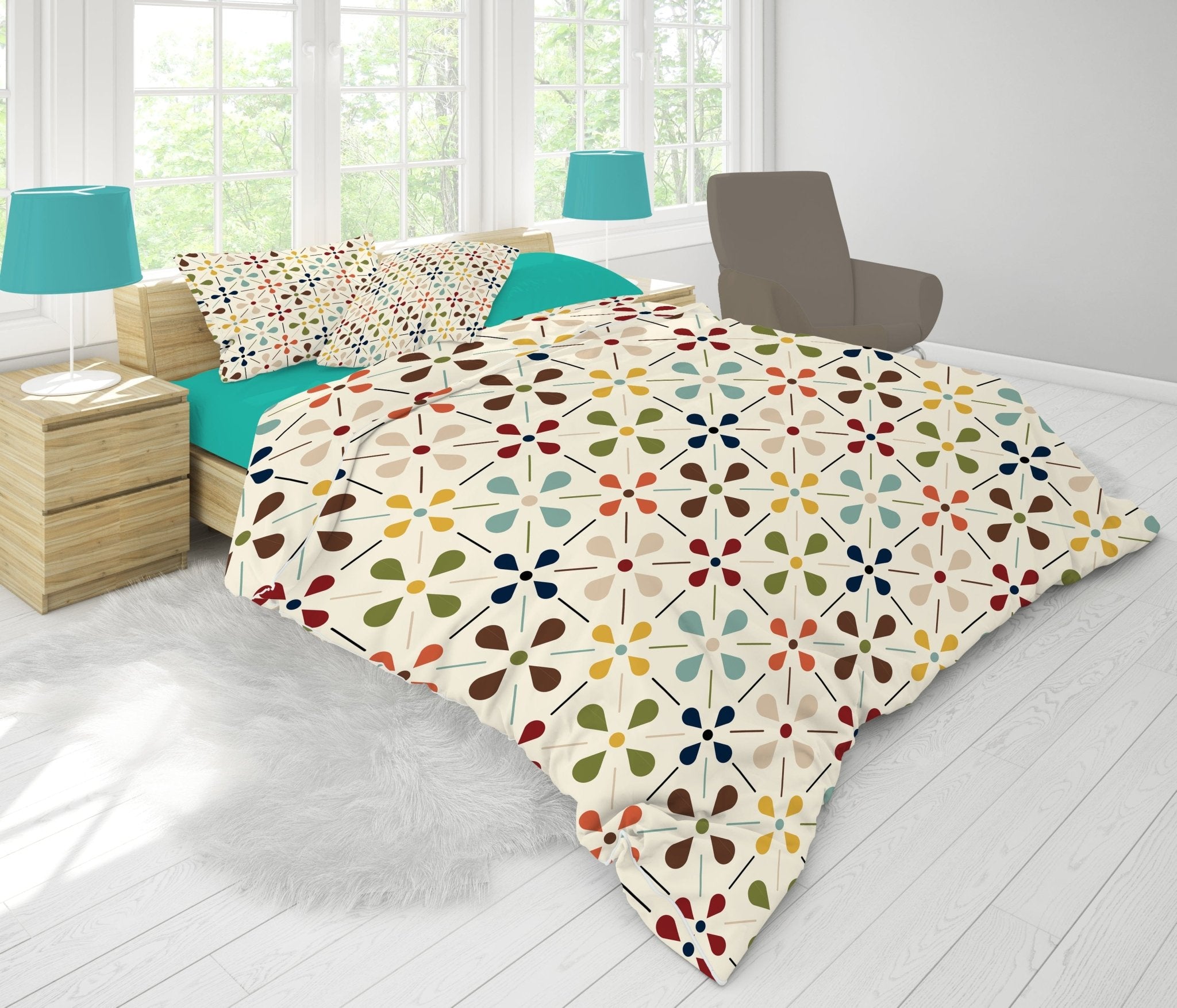 Kate McEnroe New York MCM Floral Comforter, Minimalist Scandinavian Modern Danish Retro Whimsical Blooms BeddingComforters29105144017578809525