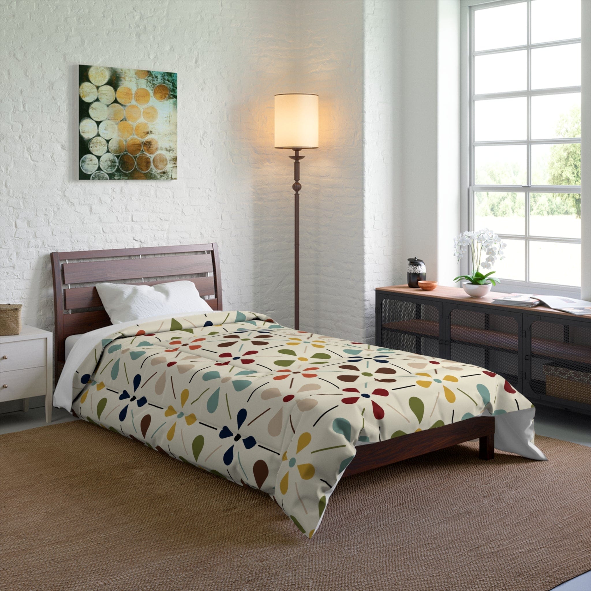 Kate McEnroe New York MCM Floral Comforter, Minimalist Scandinavian Modern Danish Retro Whimsical Blooms BeddingComforters29105144017578809525