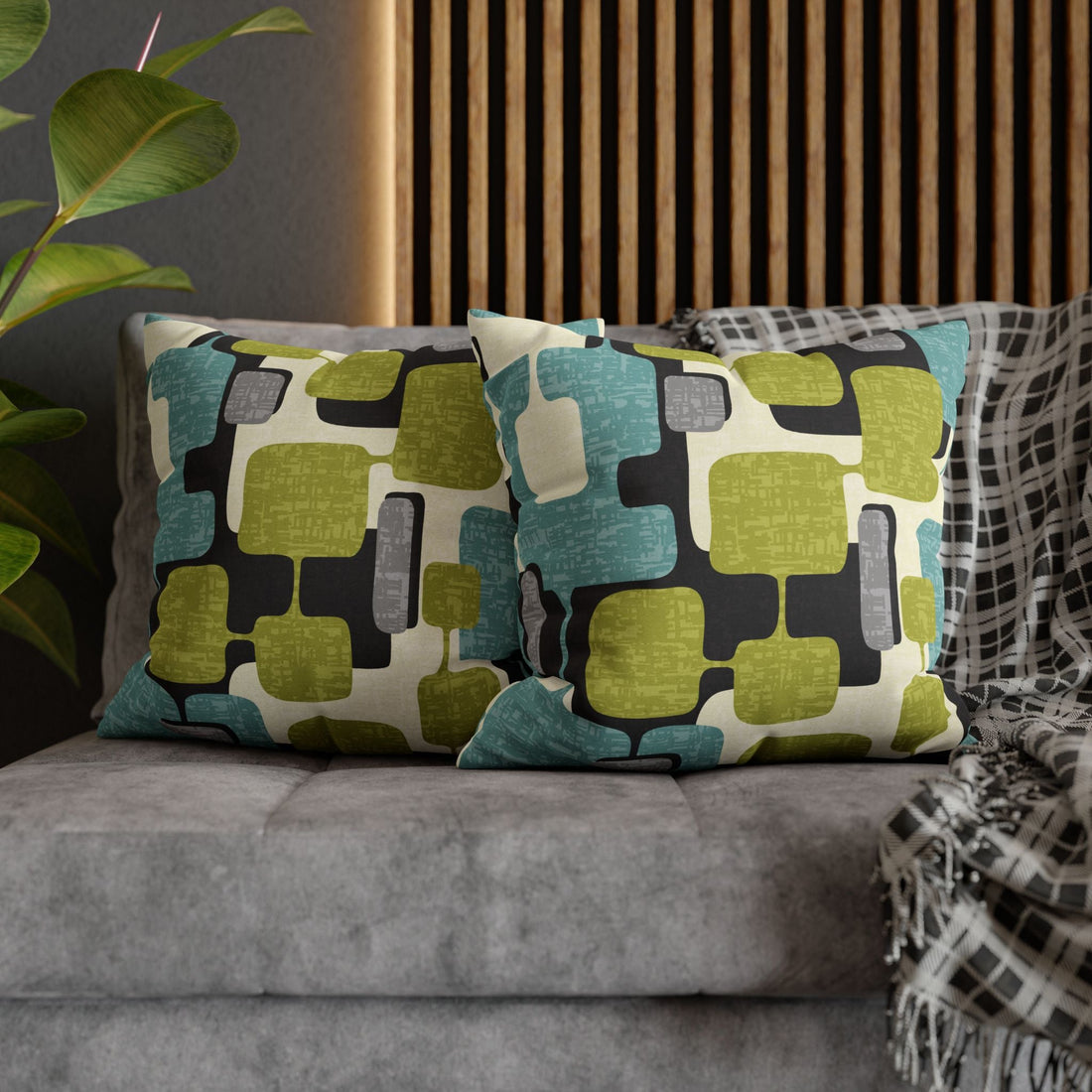 Kate McEnroe New York MCM Geometric Abstract Pillow Cover, Retro Mid Century Modern Teal &amp; Lime Green Sofa AccentThrow Pillow Covers18693344594732464031